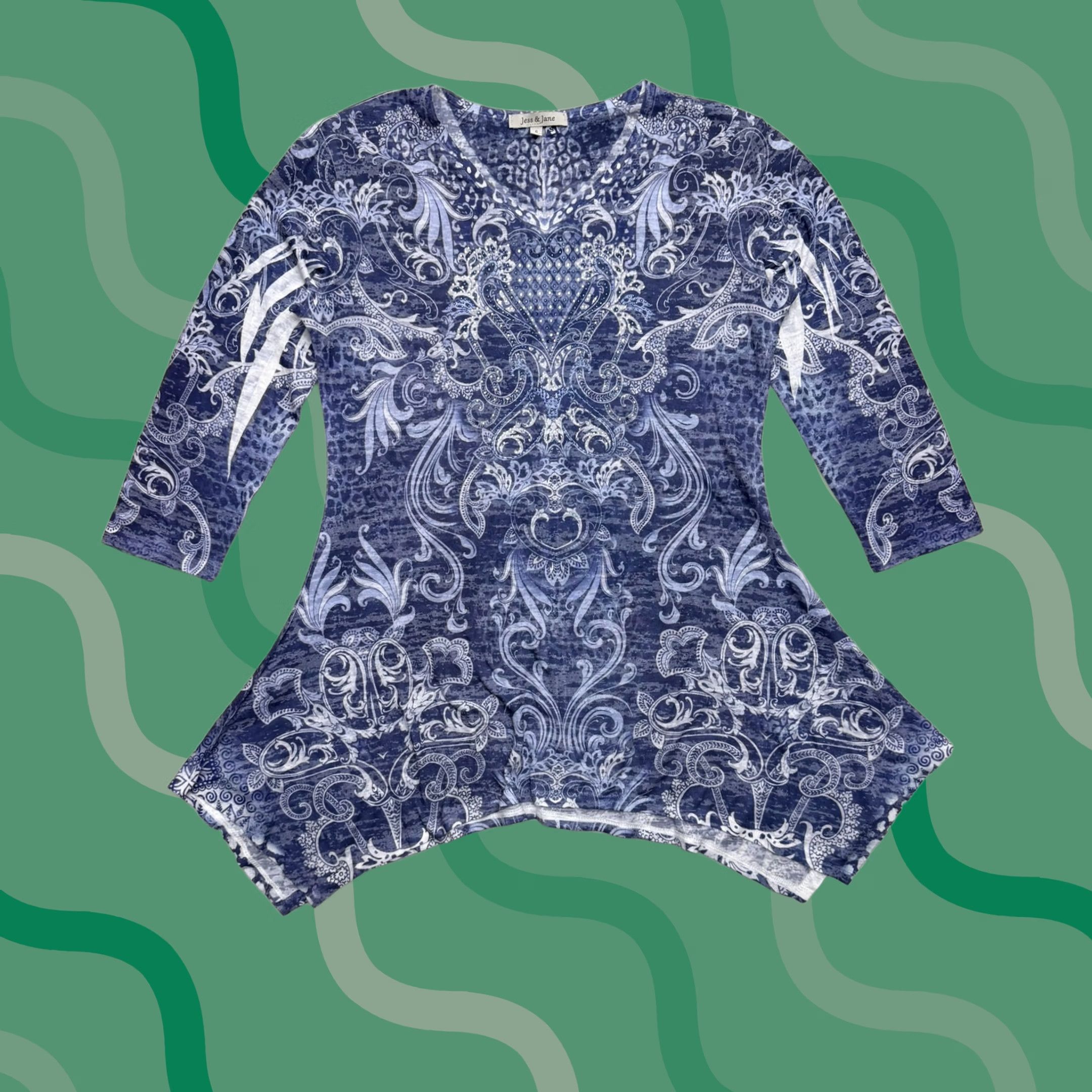 Vintage Jess & Jane Tunic Shirt Womens Small Blue Paisley V-Neck 3/4 Sleeve Top Size S / US 4 / IT 40 - 1 Thumbnail