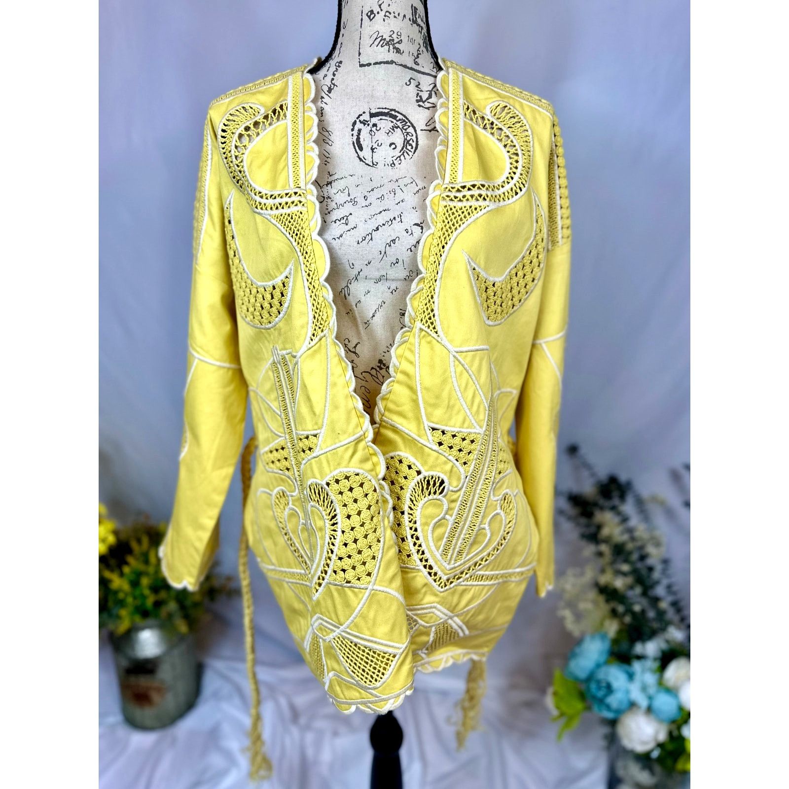 Maje Maje Crochet-Panel Cotton Jacket Belt Yellow size 40 (L) Size L / US 10 / IT 46 - 7 Thumbnail