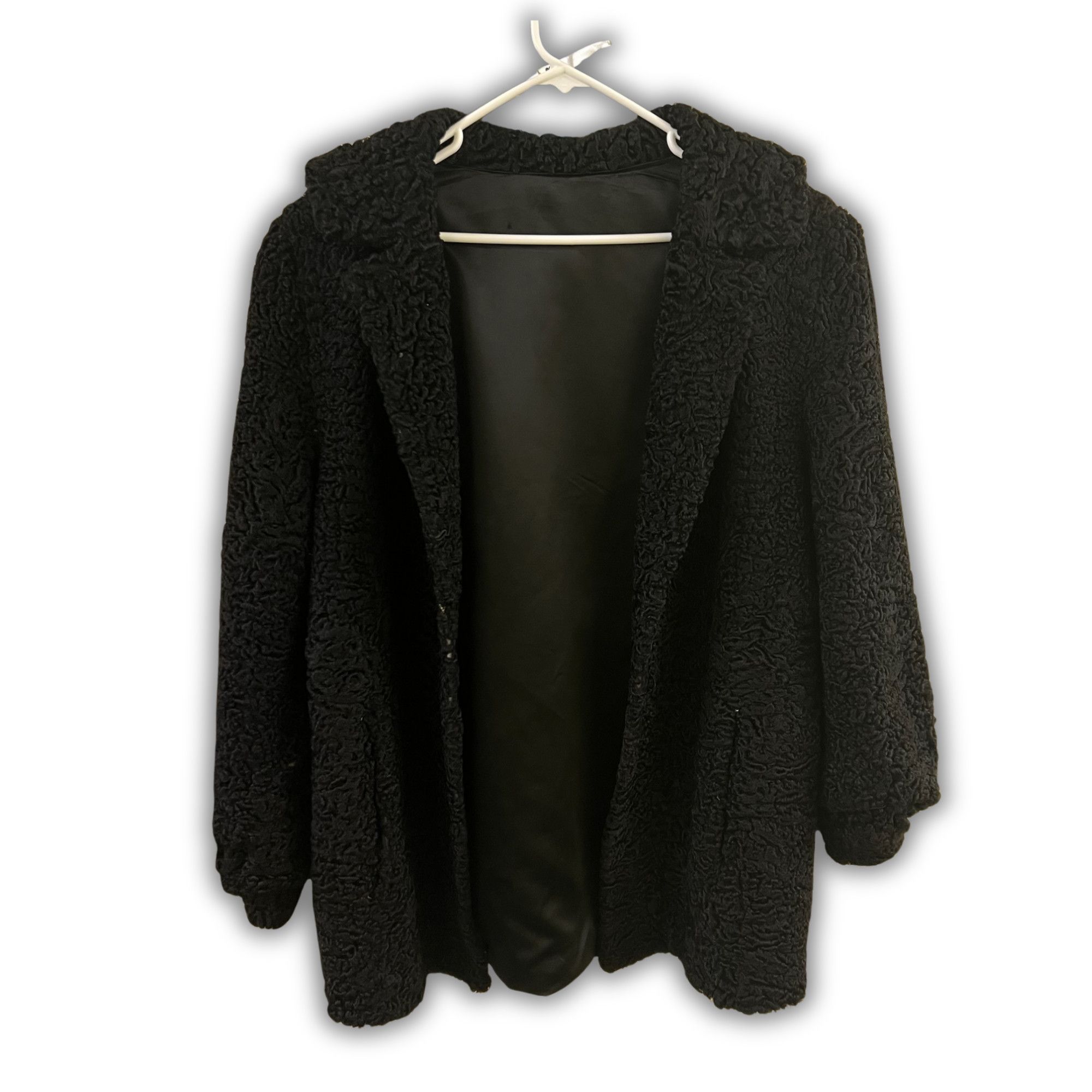 Other Black Curly Faux Fur Coat With Hood & Satin Lining - Womens Size M / US 6-8 / IT 42-44 - 2 Thumbnail