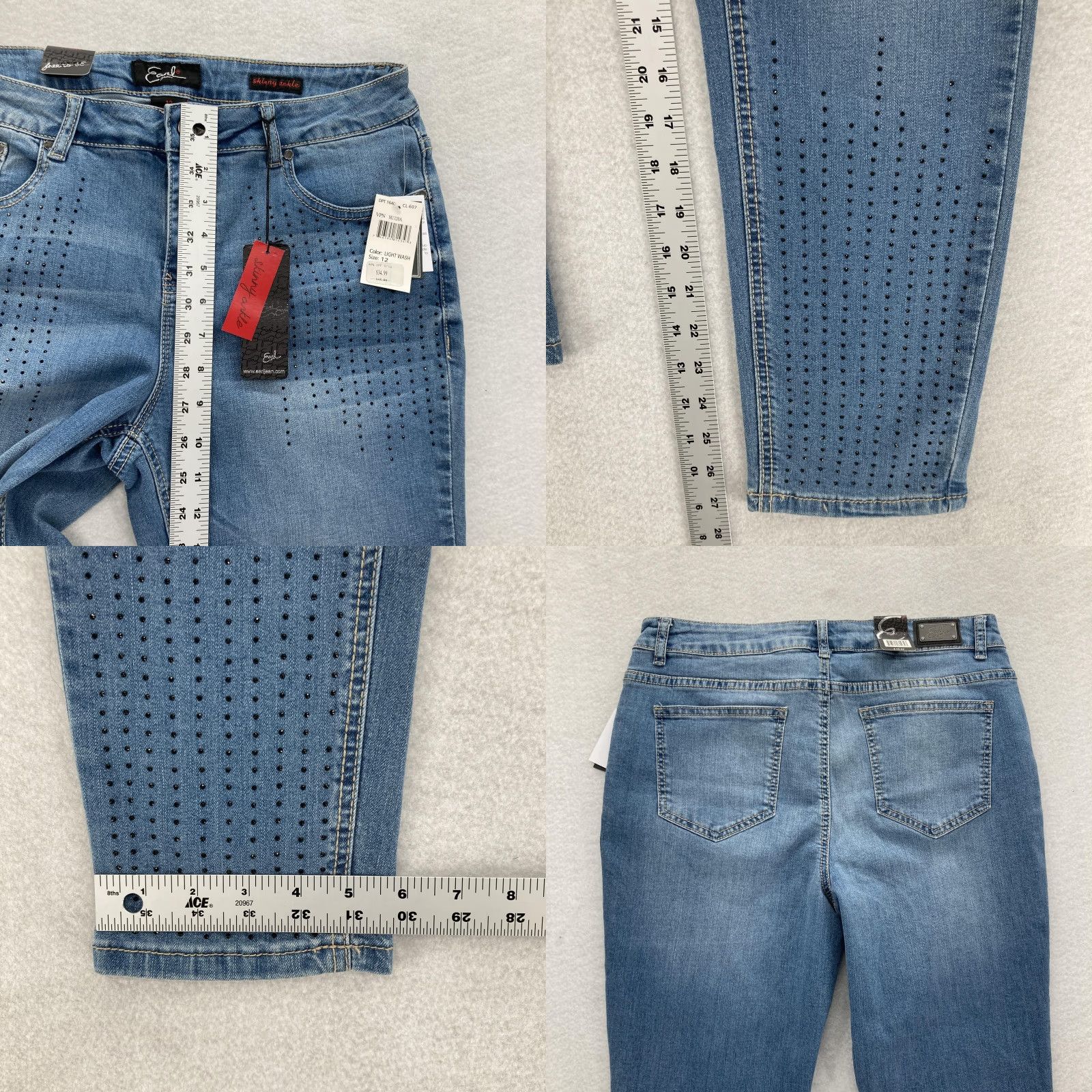 Vintage Earl Jean Skinny Ankle Jeans Womens 12 Medium Wash Blue Denim Studded Stretch Size 34" / US 12 / IT 48 - 8 Thumbnail