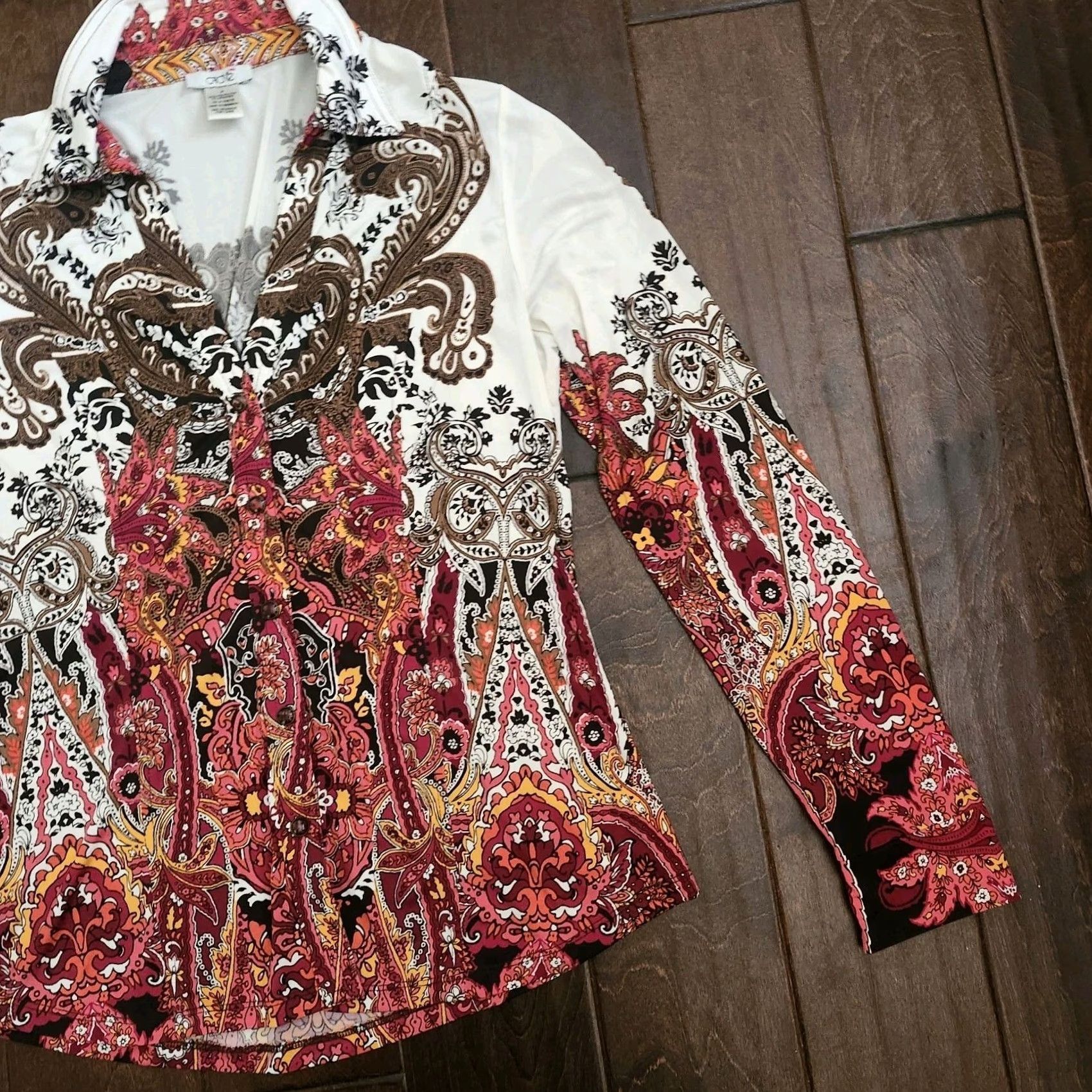 Vintage Cache Boho Paisley Blouse Womens M Long Sleeve Button Stretch Top Size M / US 6-8 / IT 42-44 - 7 Thumbnail