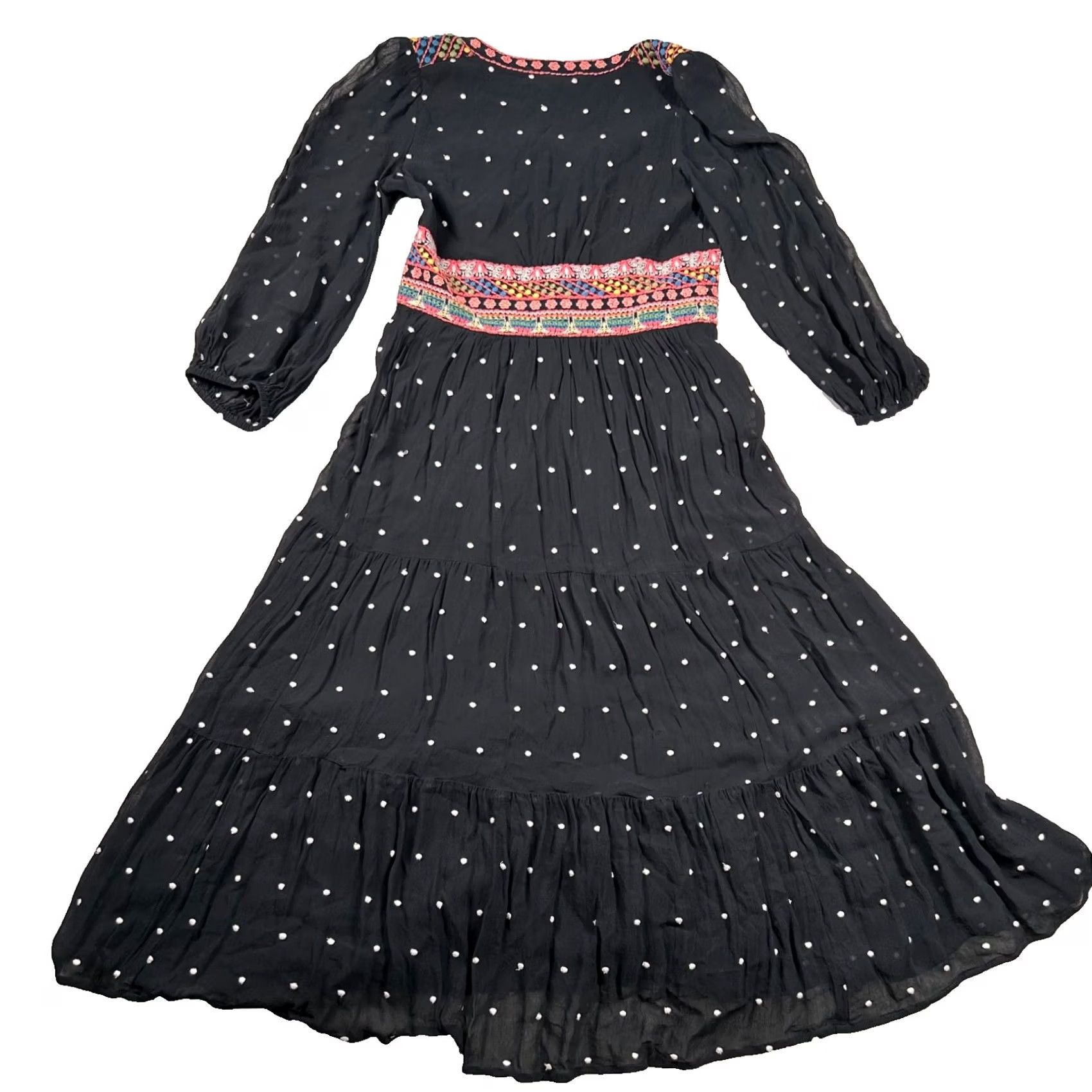 Anthropologie Anthropologie Black Maxi Dress Womens 4 Smocked Tiered Embroidered Polka Dot V Neck Size S / US 4 / IT 40 - 2 Thumbnail