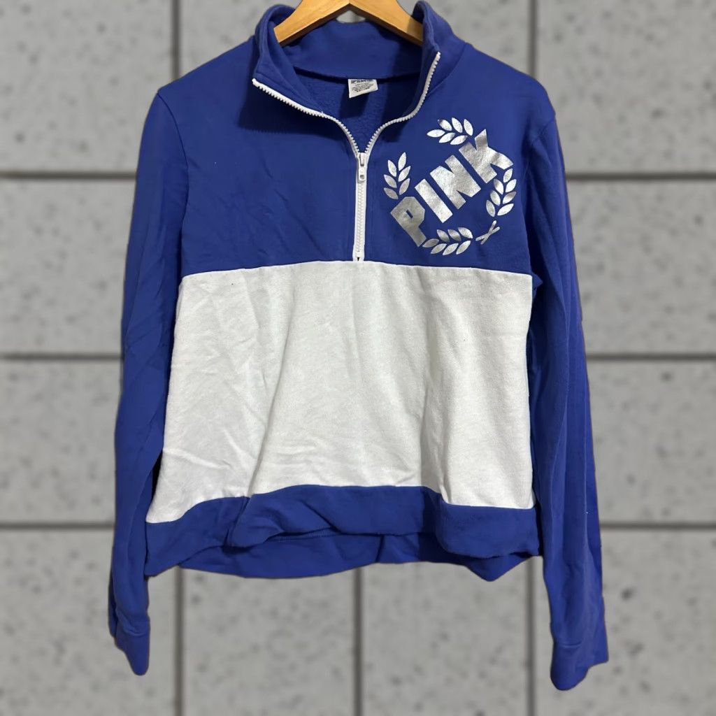 Victoria's Secret Victoria's Secret PINK Pullover Quarter Zip - Women - Size L - Blue - Logo - Cotton Blend - Long Sleeve - Regular - 1/4 Zip - Activewear - Casual Size L / US 10 / IT 46 - 1 Thumbnail