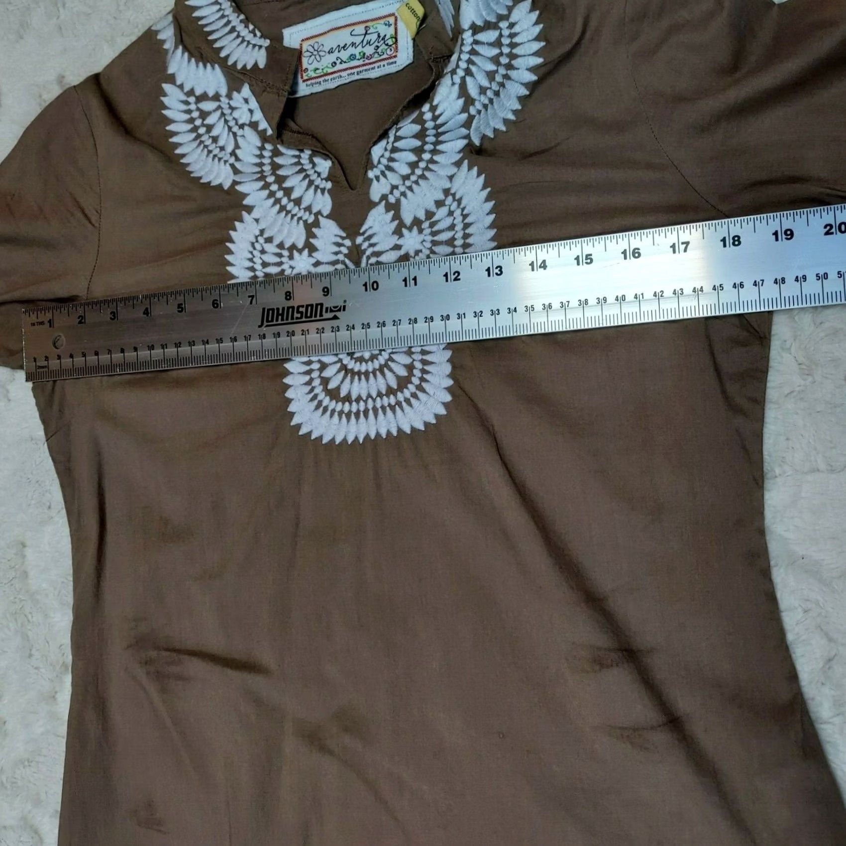 Vintage Aventura Women's Small Brown White Embroidered Top Tunic Blouse Organic Cotton Size S / US 4 / IT 40 - 5 Thumbnail