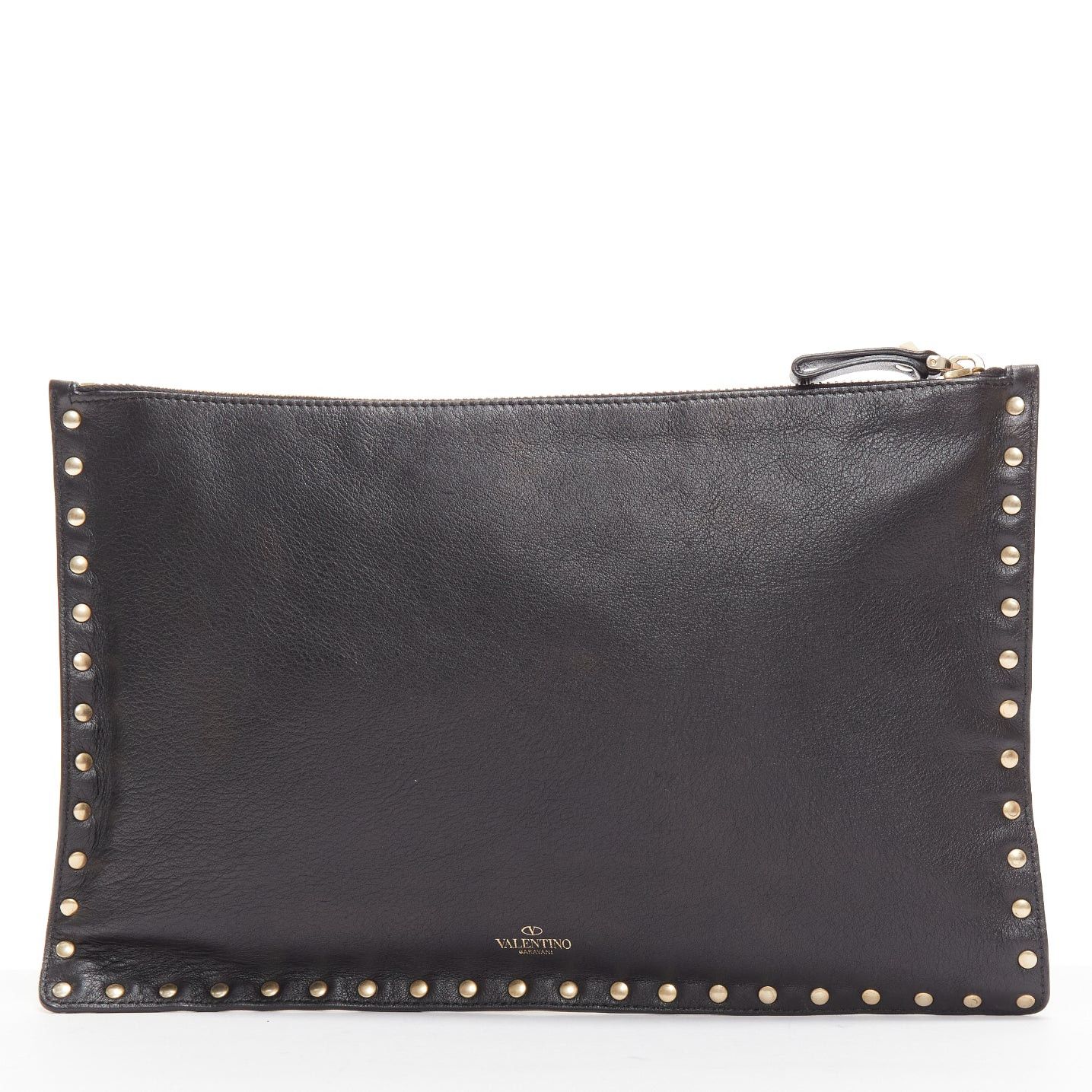 Valentino VALENTINO Rockstud black gold round studs logo triangle flat clutch bag Size ONE SIZE - 1 Thumbnail