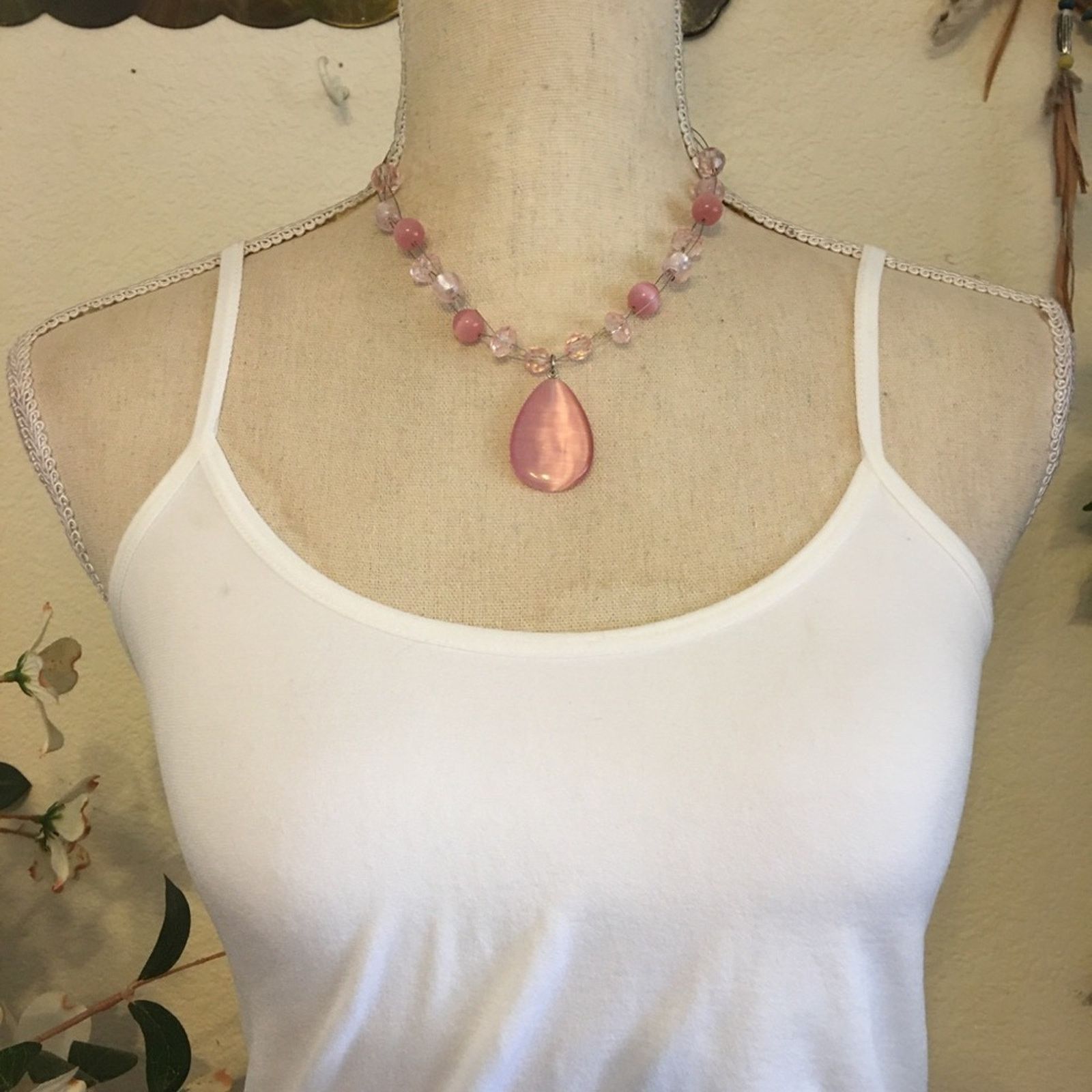 Jewelry Pink moon glow glass beaded fish line necklace Size ONE SIZE - 3 Thumbnail