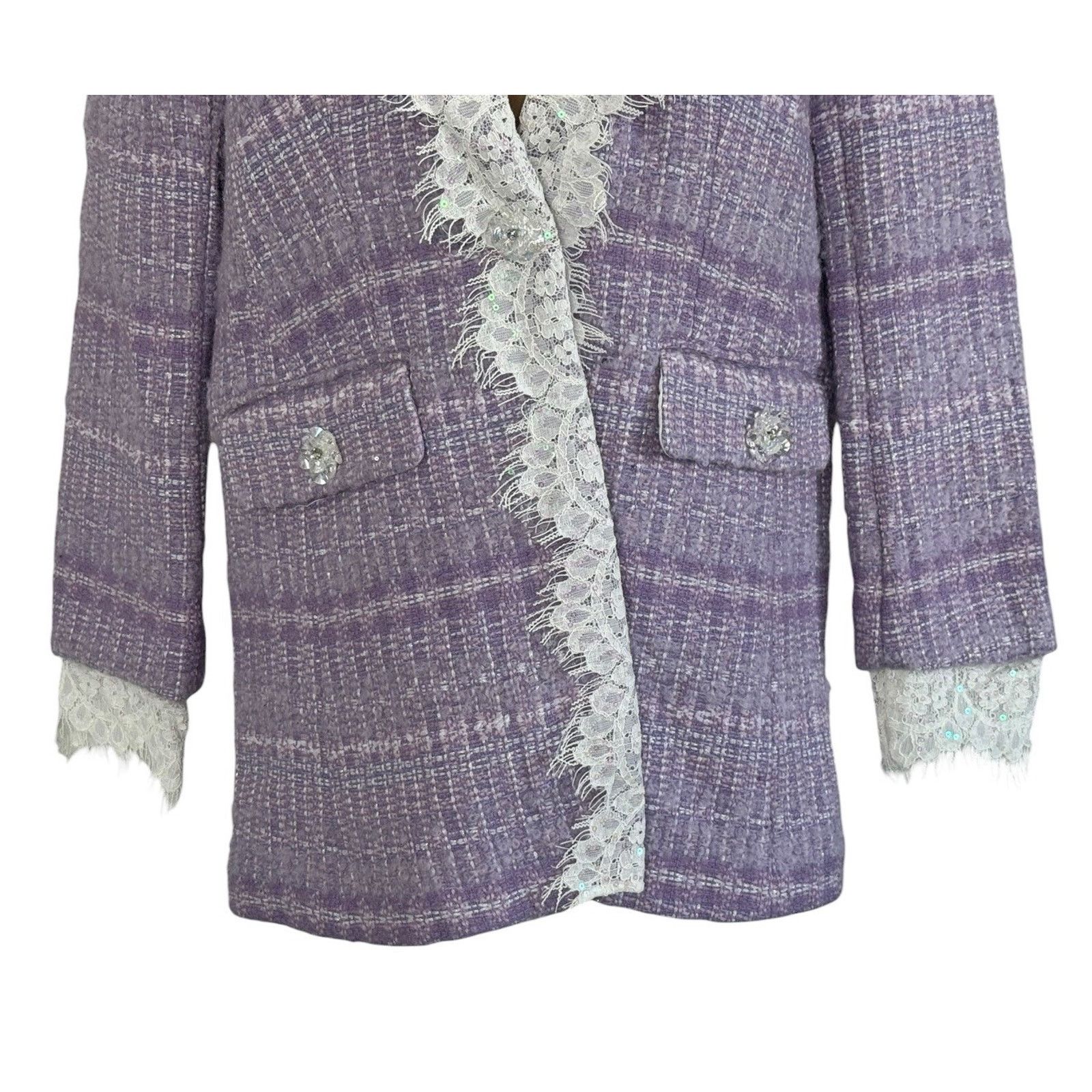 Other MARIE ELIE Lavender Tweed Wool Lace Designer Blazer Metallic Size L / US 10 / IT 46 - 5 Thumbnail