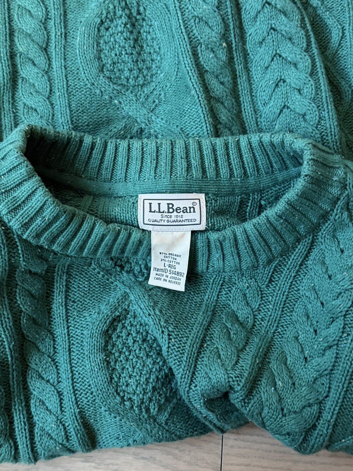 L.L. Bean Emerald Green Heritage Knit Cable Fisherman’s Sweater Size US L / EU 52-54 / 3 - 3 Thumbnail