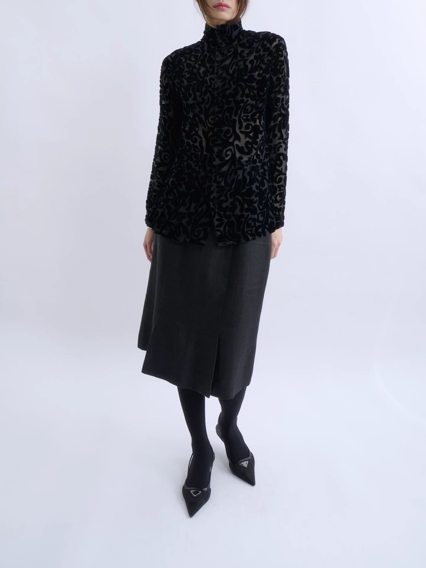 Romeo Gigli ROMEO GIGLI 90s Black Flocked Sheer Velvet High Neck Top NWT Size S / US 4 / IT 40 - 2 Thumbnail