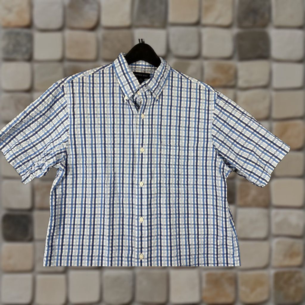 Lands' End Lands' End Camp Shirt Mens M White Blue Plaid Seersucker Traditional Fit Shirt Short Sleeve Button-Up Casual Travel Mens Size US M / EU 48-50 / 2 - 1 Thumbnail