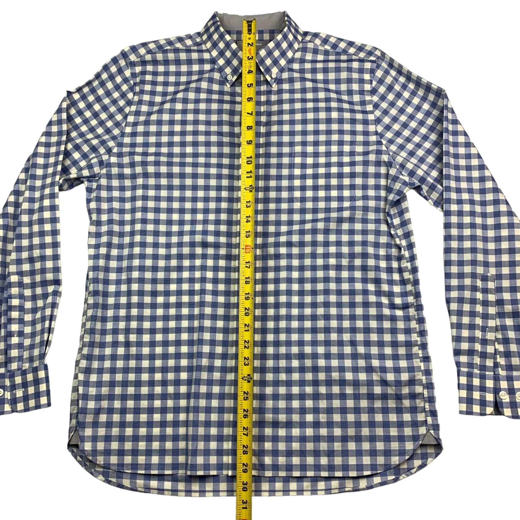 Hickey Freeman Cotton Stretch Button Shirt Blue White Gingham Check Long Sleeve Large Mens