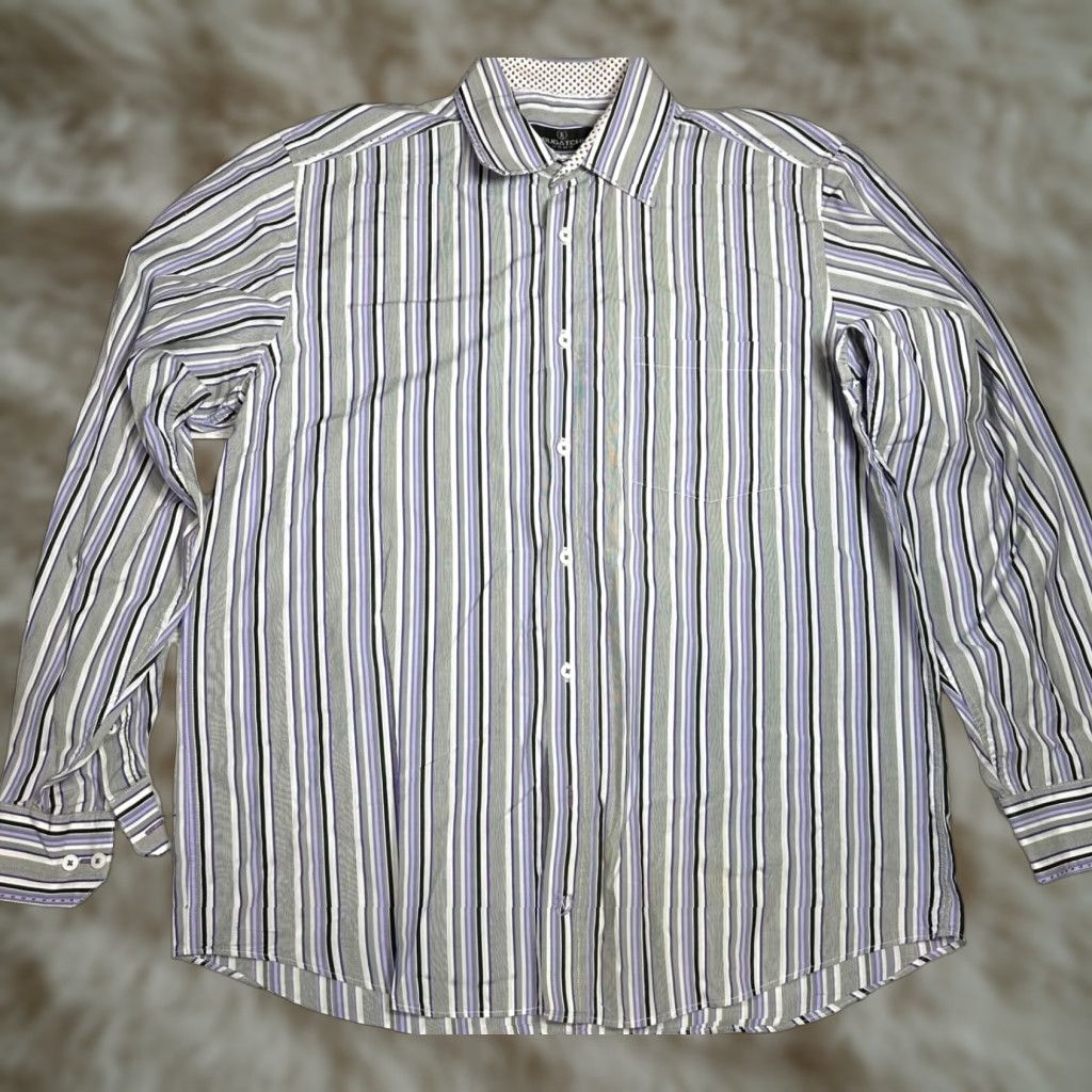 BUGATCHI Bugatchi Uomo Shirt Mens Long Sleeve Button-Up Size L Gray Purple Stripe Pattern Striped Size US L / EU 52-54 / 3 - 1 Thumbnail