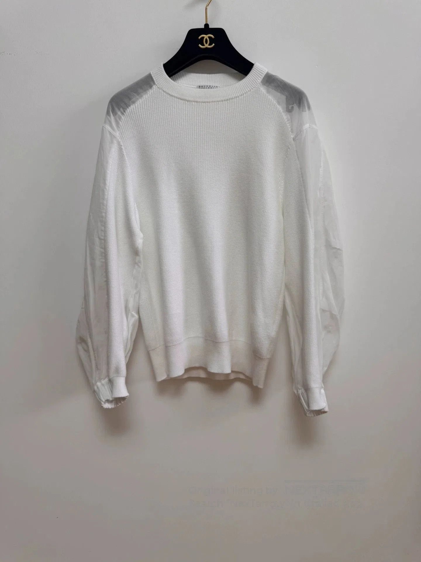 Brunello Cucinelli white knit top with mesh sleeves. Size US XS / EU 42 / 0 - 2 Thumbnail