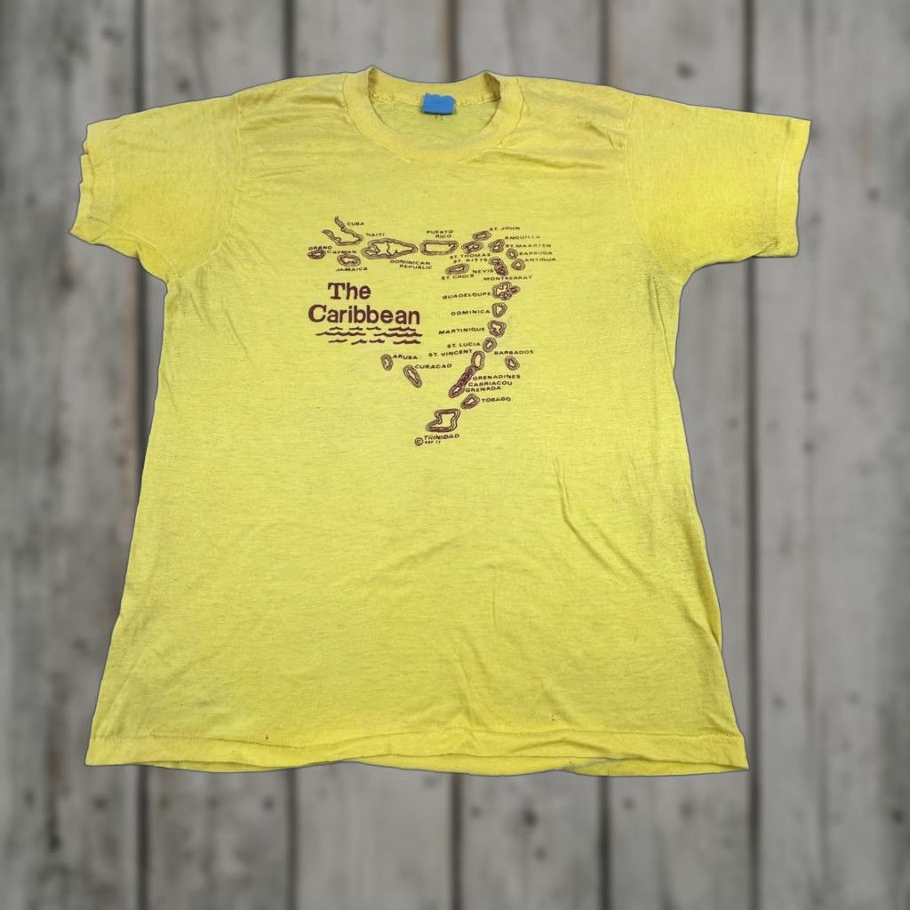 Vintage VINTAGE Screen Stars The Caribbean Map Shirt Mens Small Yellow Single Stitch 70s Graphic Tee Travel Island Map 1977 Mens Small Size US S / EU 44-46 / 1 - 1 Thumbnail