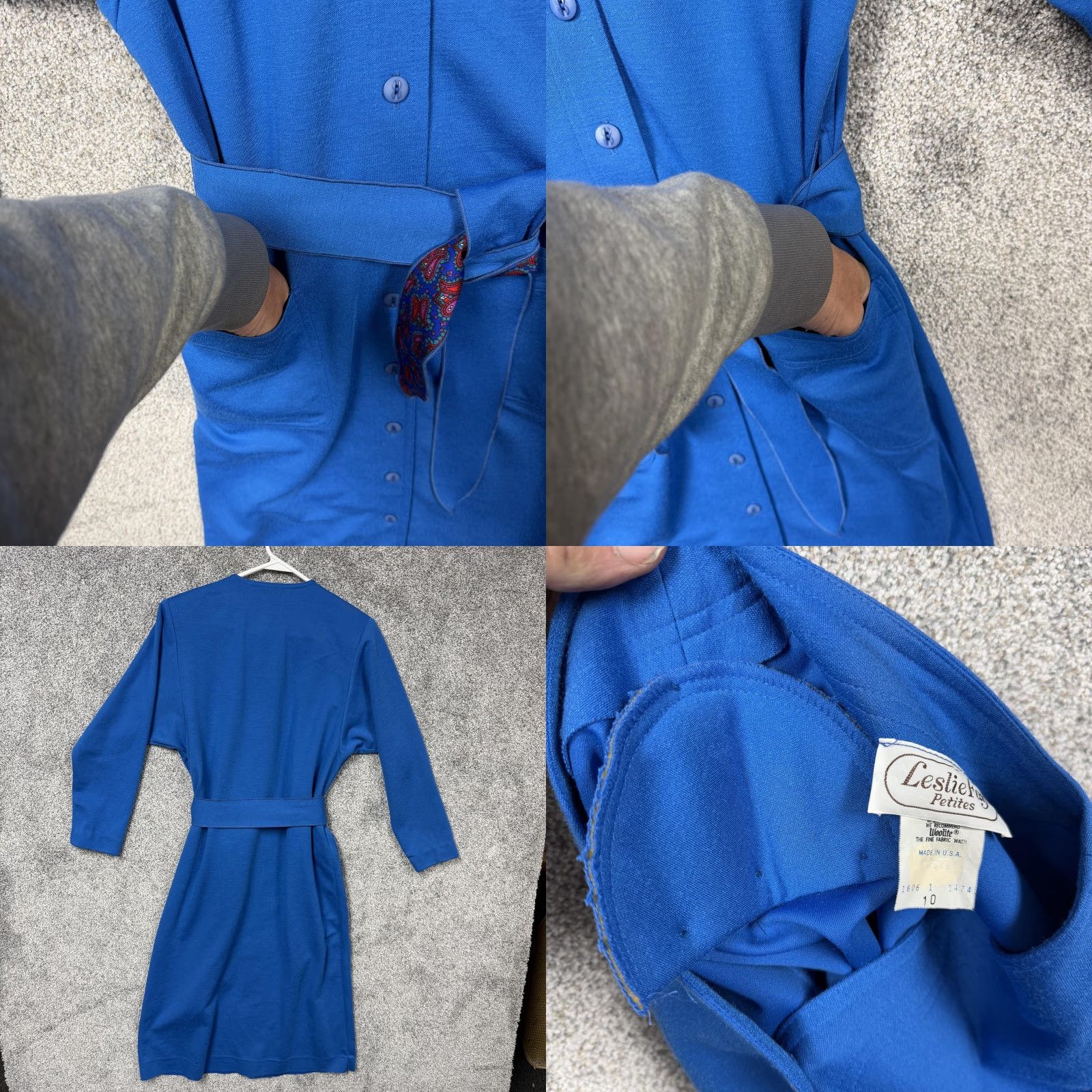 Vintage VINTAGE Leslie Fay Petites Dress 10 Midi Knit Blue 3/4 Sleeve Button Front Pockets Belted 80s Office Workwear Womens Size L / US 10 / IT 46 - 8 Thumbnail
