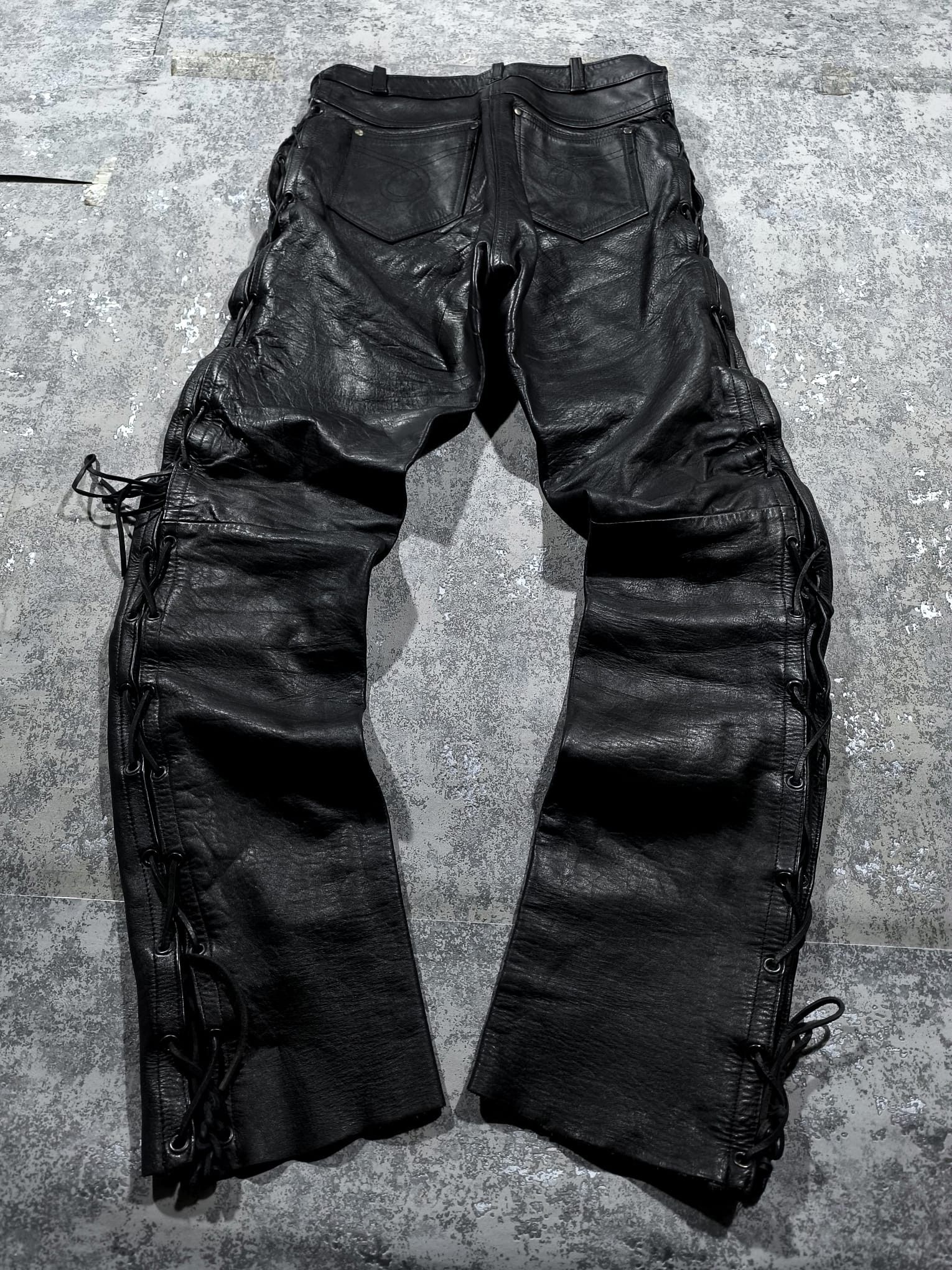 Leather kmrii moto type string leather pants vtg opium rockstar Size 29" - 2 Thumbnail