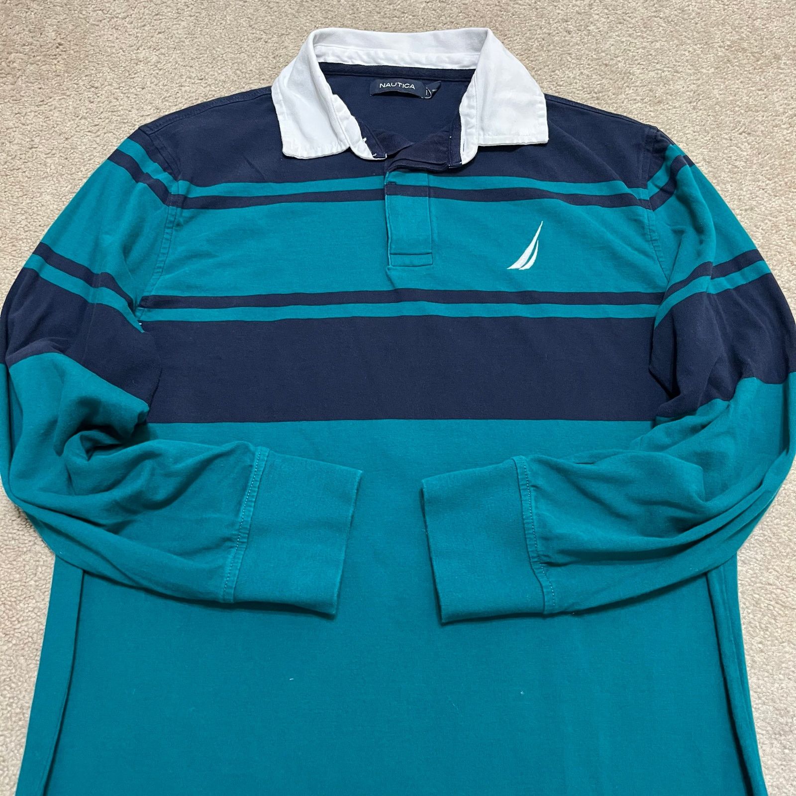 Nautica Nautica Turquoise/Navy Long Sleeve Rugby Polo Shirt Large Size US L / EU 52-54 / 3 - 1 Thumbnail