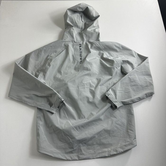 Vintage HUK FISHING Men Hooded Packable Rain Jacket Lightweight Gray Size M Full  Zip