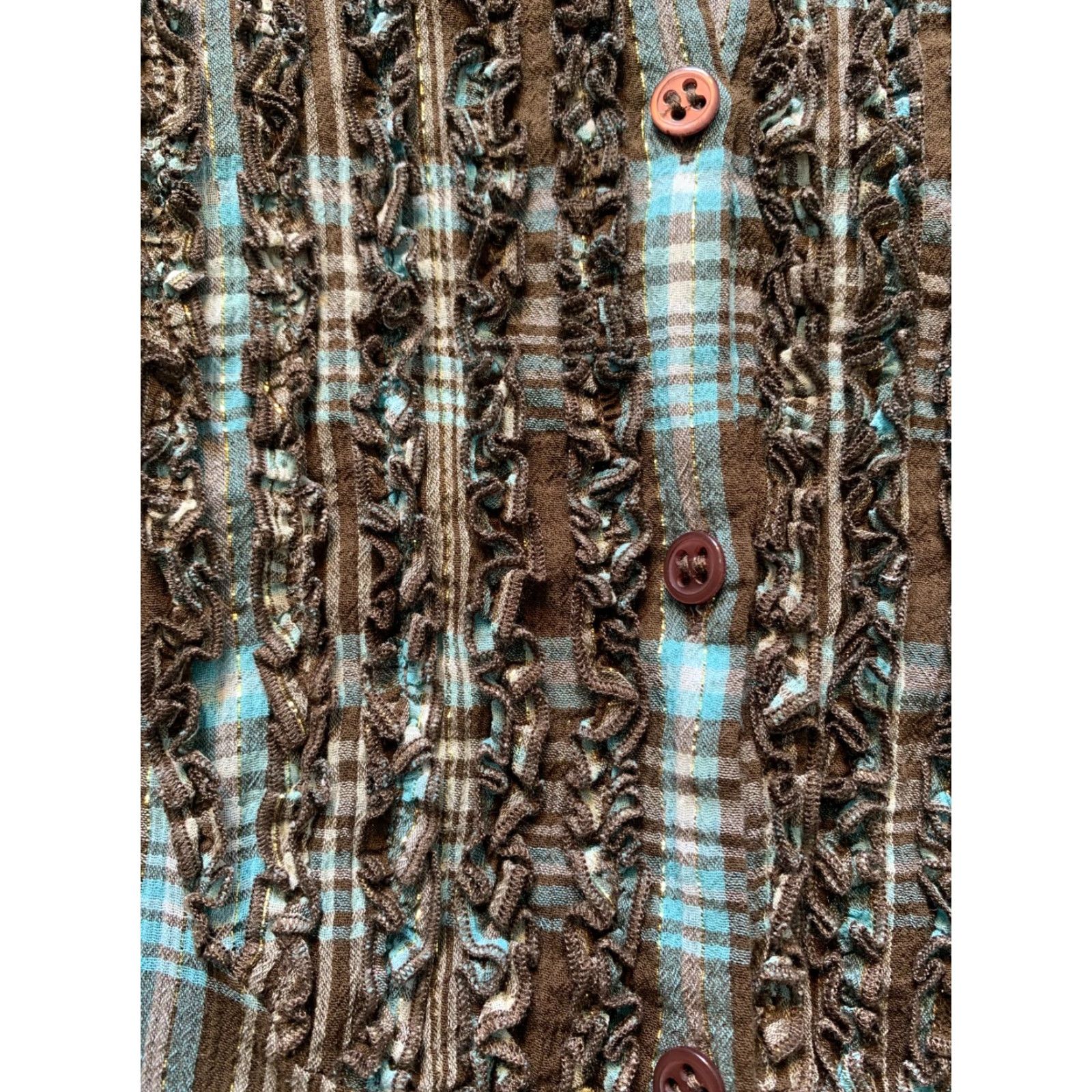 Vintage Emma James Womens 16 Short Sleeve Button-Up Plaid Brown Blue Ruffle Chest Shirt Women Size 38" / US 16 / IT 52 - 4 Thumbnail