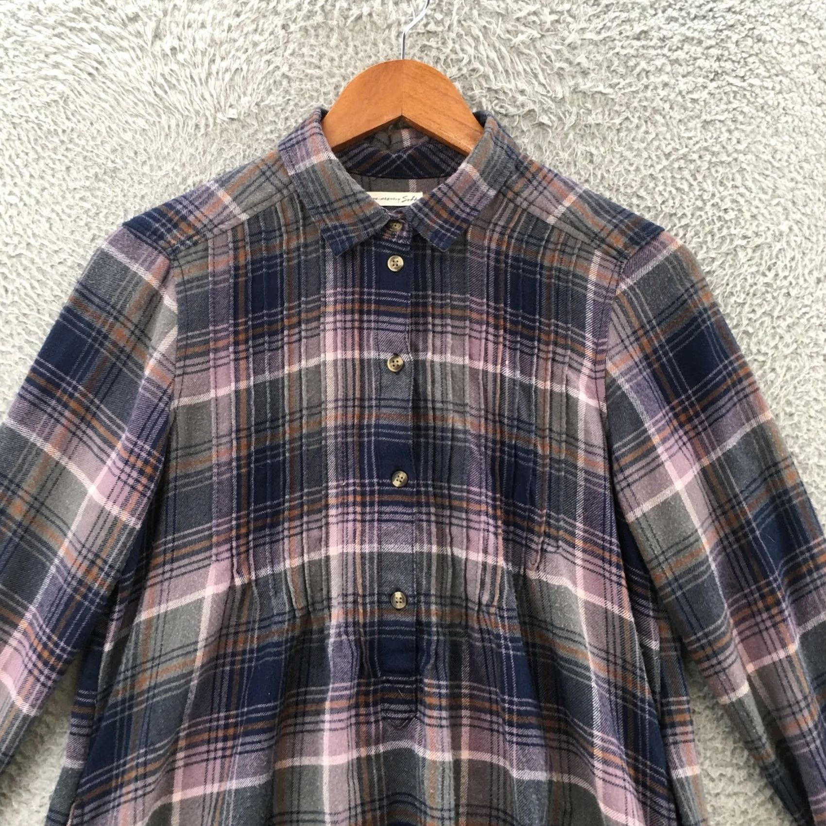 American Eagle Outfitters American Eagle Outfitters Blouse Shirt Womens Small Purple Long Sleeve Plaid Button Pintuck Crew Neck Knit Tunic Size S / US 4 / IT 40 - 2 Thumbnail
