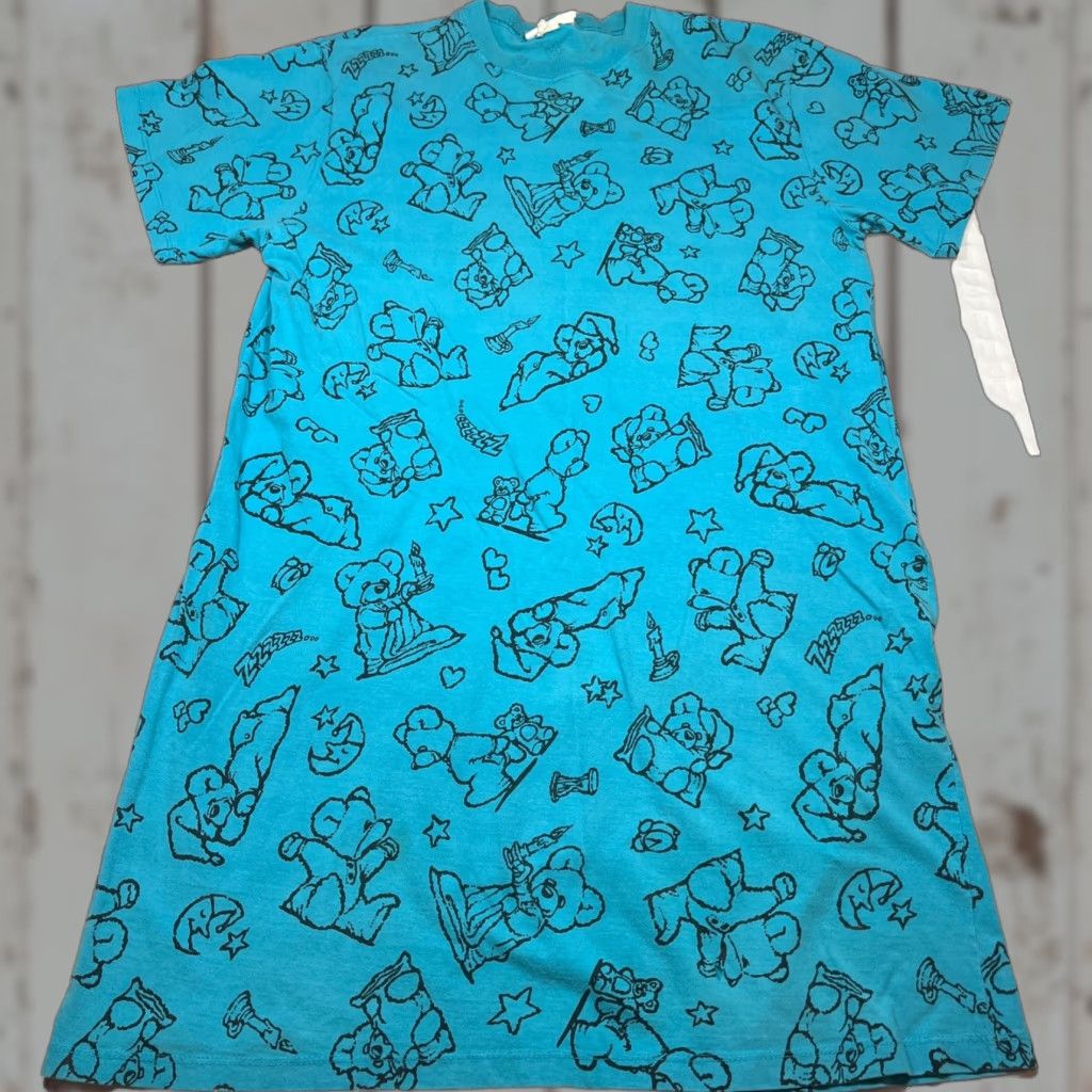 AQUA VINTAGE Zoo Crew 80s Aqua Blue TEDDY BEAR PJS MOON stars Long Night Shirt Women’s Size L / US 10 / IT 46 - 1 Thumbnail