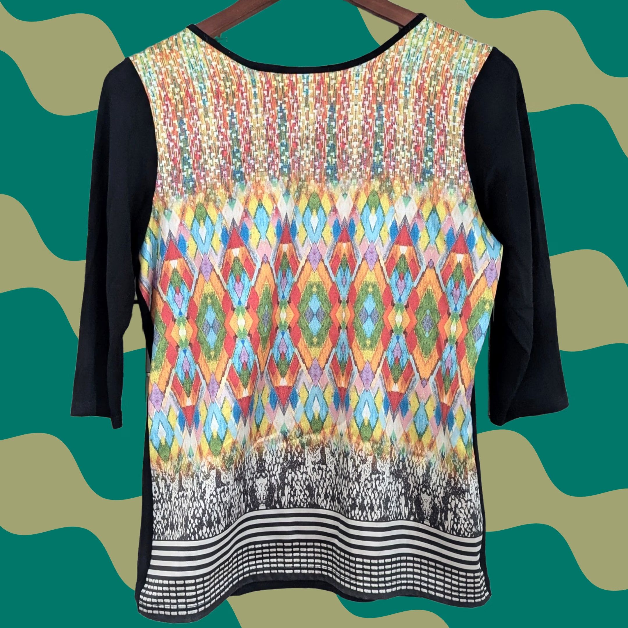 Vintage Paola Davoli Black 3/4 Sleeve Geometric Print Top Blouse Made in Italy Size S / US 4 / IT 40 - 1 Thumbnail
