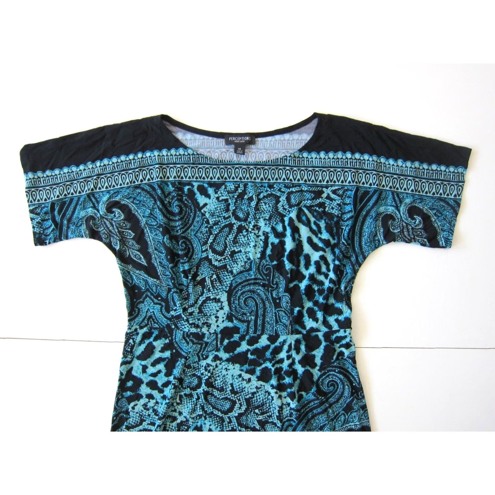 Vintage Perceptions New York Snake Print Stretch Sheath Tunic Dress 14 Black Blue Green Short Sleeve Round Neck Midi Dress Womens Size XL / US 12-14 / IT 48-50 - 3 Thumbnail