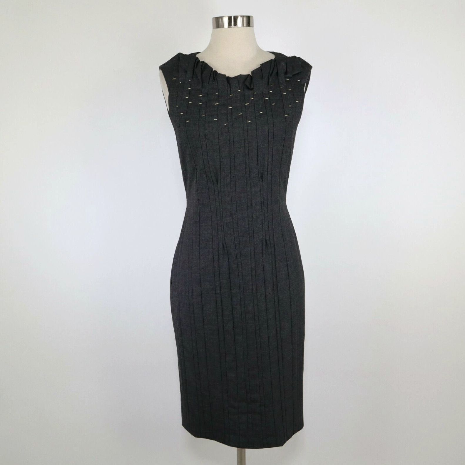 image of Vintage Boss Sheath Dress Wool 4 Gray Sleeveless Scallop Neck Pleated Embroidered Career in White, 
