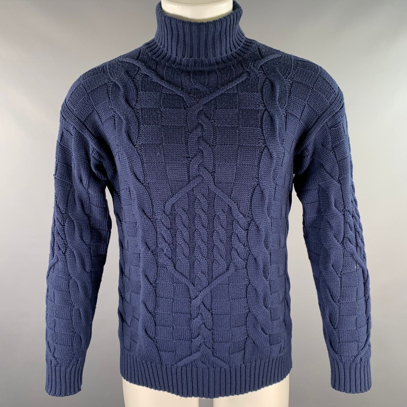 Etro ETRO Size S Navy Cable Knit Wool Blend Turtleneck Sweater Size US S / EU 44-46 / 1 - 1 Thumbnail