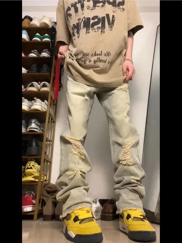 Japanese Brand VIBE Retro yellow mud-dyed ripped raw edge denim trousers Size US 32 / EU 48 - 5 Thumbnail