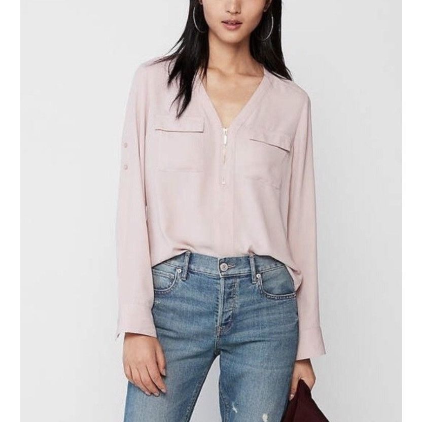 Express Express Pale Peach Two Pocket Zip Front Roll Tab Sleeve Top Size M / US 6-8 / IT 42-44 - 4 Thumbnail