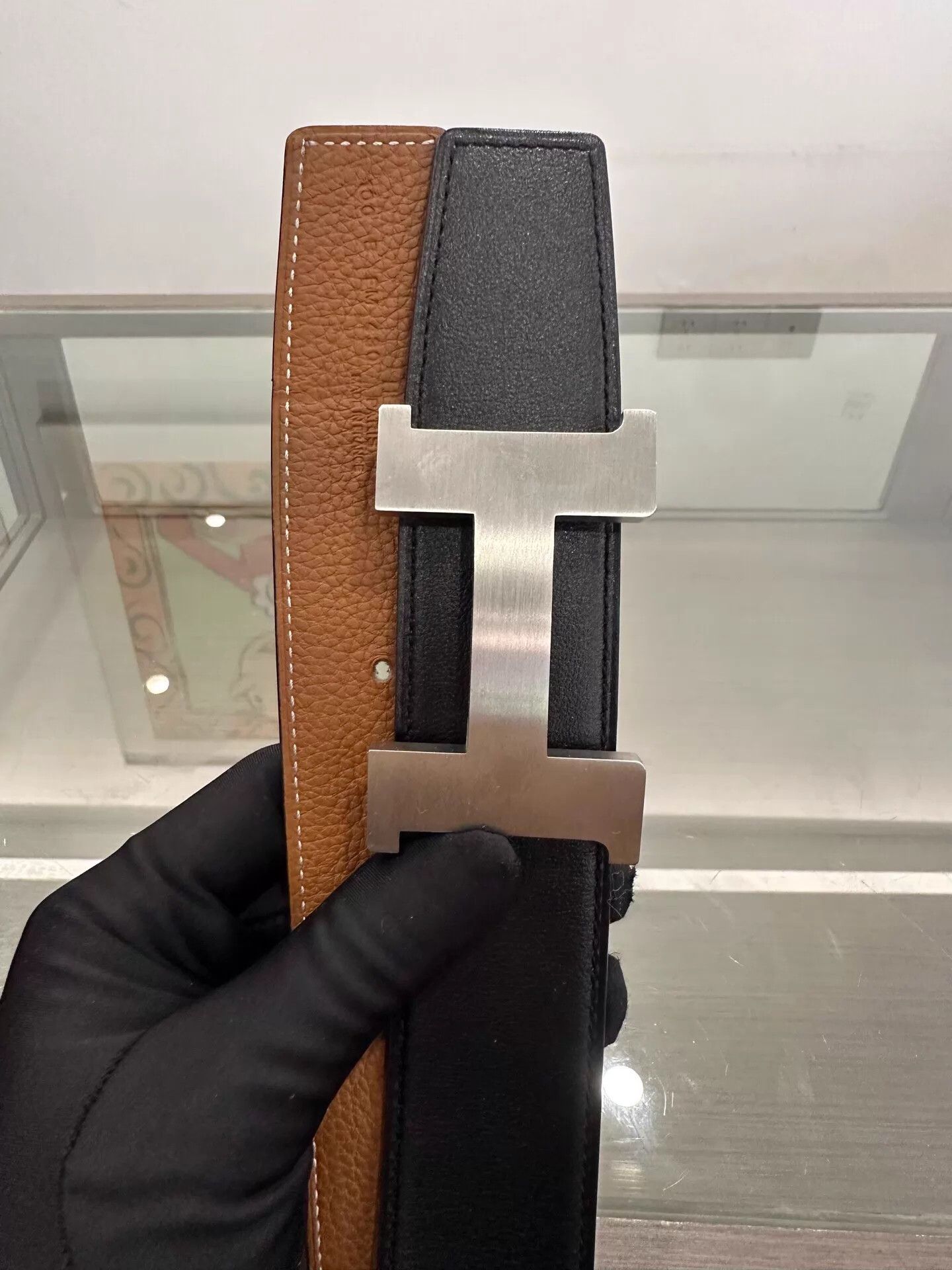 Hermes Hermes Men's Black & Brown H Belt 3.8cm Silver 100cm B Box Size ONE SIZE - 4 Thumbnail