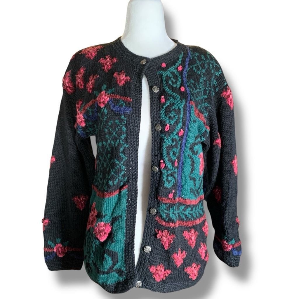 Northern Isles Vintage Northern Isles Hand-Knitted Floral Cardigan Sweater Size M / US 6-8 / IT 42-44 - 3 Thumbnail
