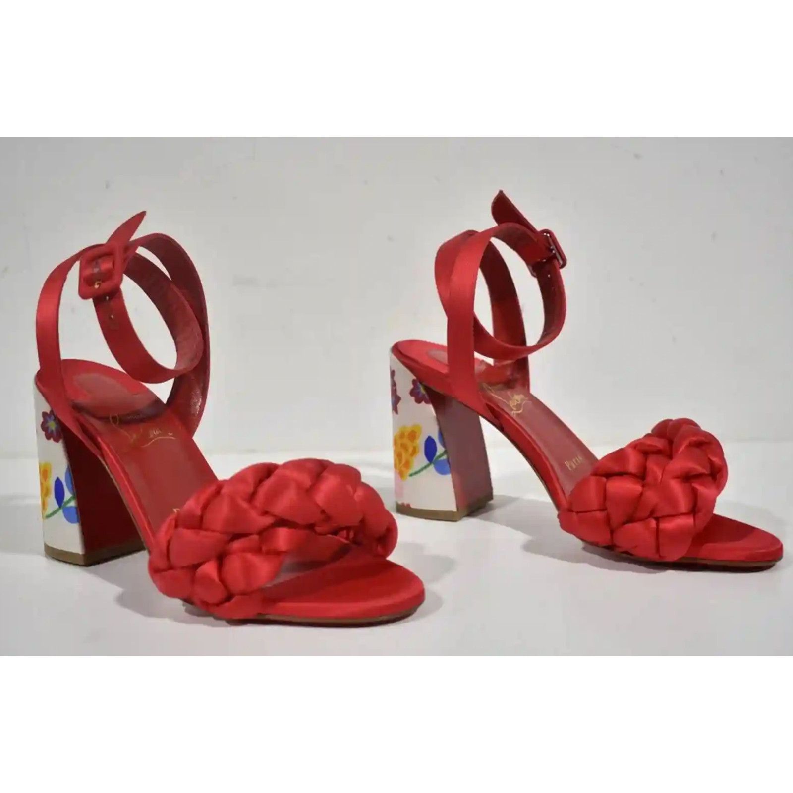 Christian Louboutin Brio 85 Red Floral Ankle Strap Sandal Block Heel Pump 37 Size US 7 / IT 37 - 4 Thumbnail