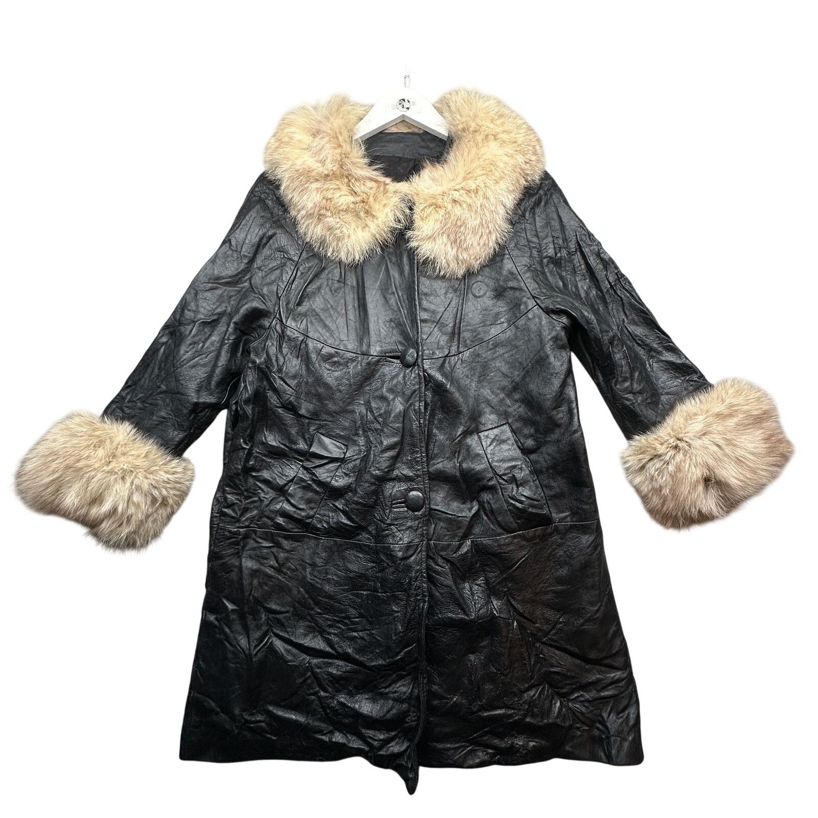 Vintage Vintage 60s 70s Black Leather Fox Fur Swing Coat Womens Size L / US 10 / IT 46 - 1 Thumbnail