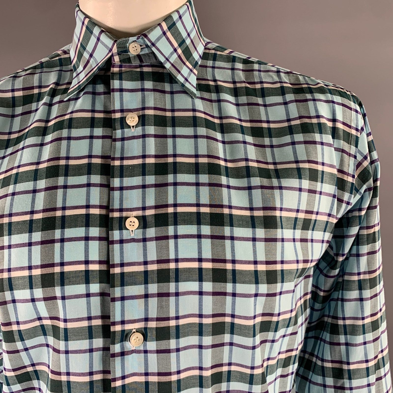Brioni BRIONI L Blue Purple Green Plaid Cotton Pointed Collar Shirt Size US L / EU 52-54 / 3 - 2 Thumbnail