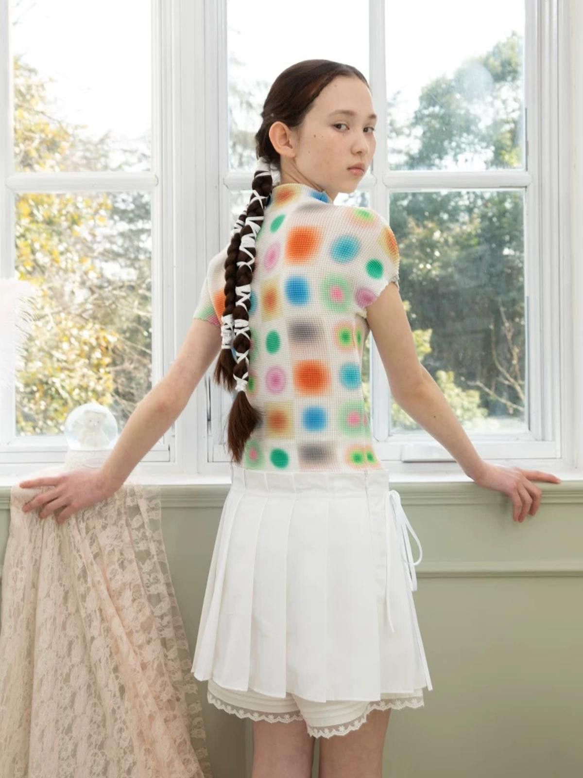Japanese Brand Multicolor Blurred Dot Plissé Top | Pleated Mock Neck Size ONE SIZE - 2 Thumbnail