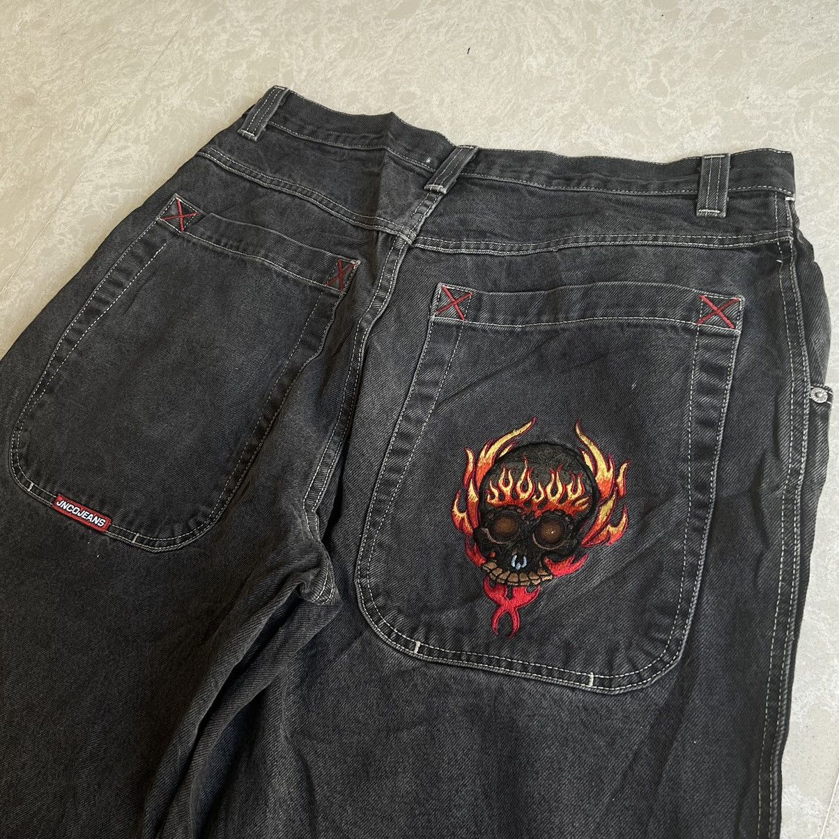 image of 90's Jnco Flaming Skull Head Black Jeans, Men's (Size 38)