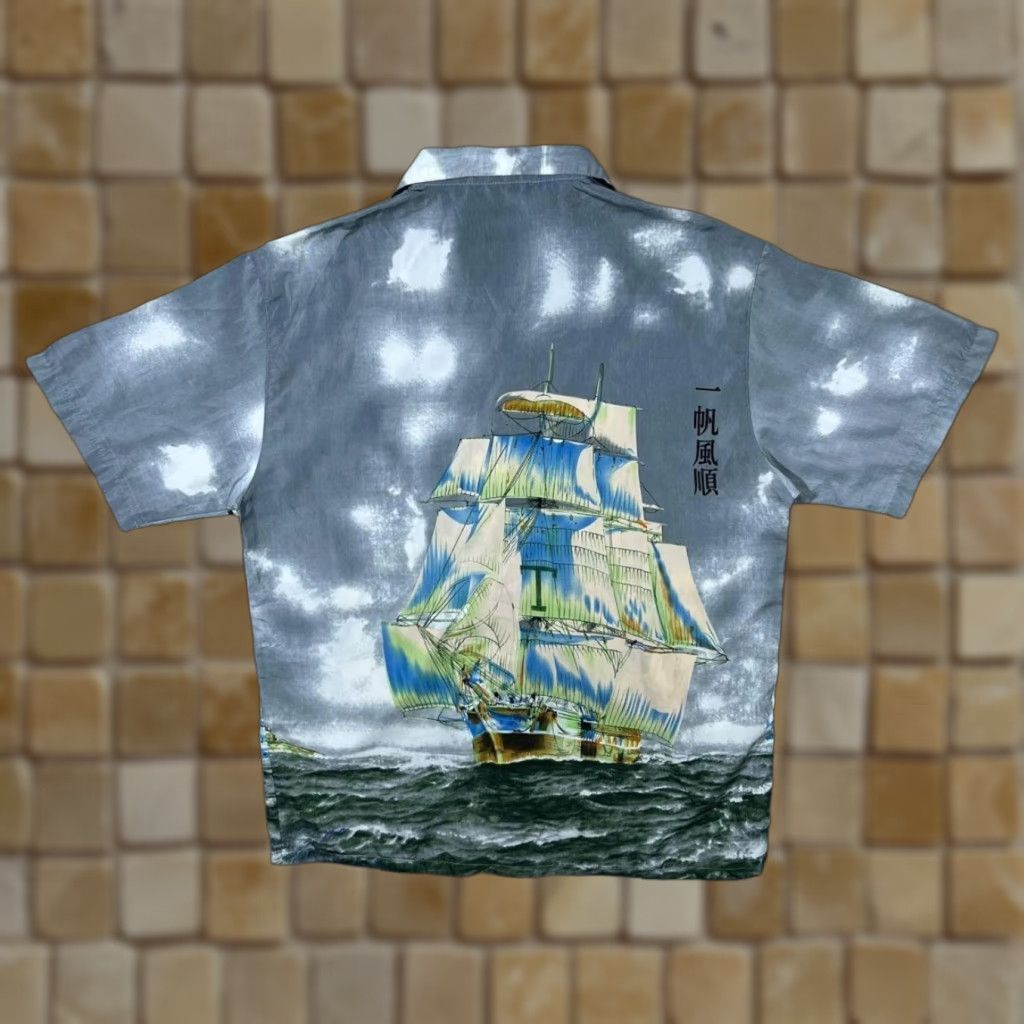 Vintage Guo Lhi Ting Goth Y2K Ship All-Over Print Graphic Grey Shirt XL Shirt Mens Size US XL / EU 56 / 4 - 1 Thumbnail