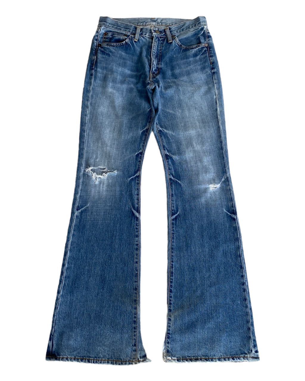 image of Archival Clothing x Hysteric Glamour Blue Way Japan Flare Punk Distressed Denim Jeans (Size 28)