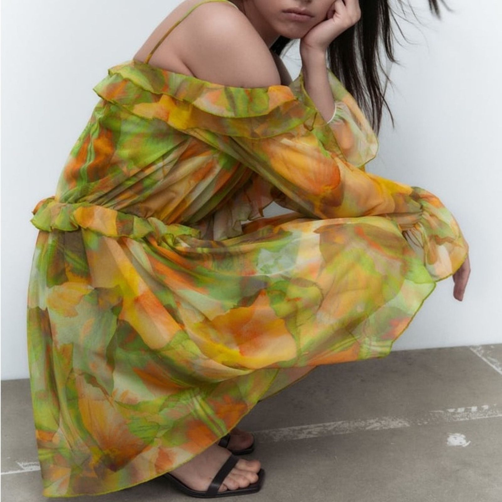 Zara ZARA BLOGGER FAVORITE PRINTED TULLE DRESS GREEN Size S / US 4 / IT 40 - 8 Thumbnail