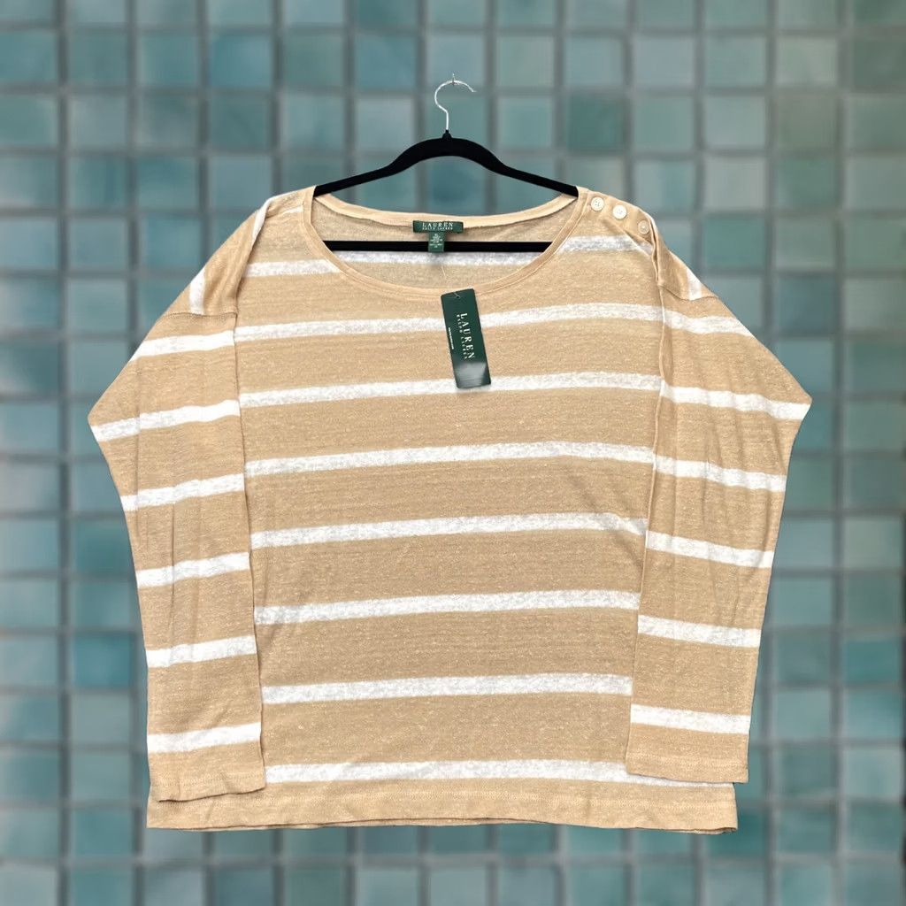 Ralph Lauren Lauren Ralph Lauren Blouse Women XL Beige Linen Knit Striped Round Neck Button Casual Sleeve Fall Spring Summer Classic Preppy Size XL / US 12-14 / IT 48-50 - 1 Thumbnail
