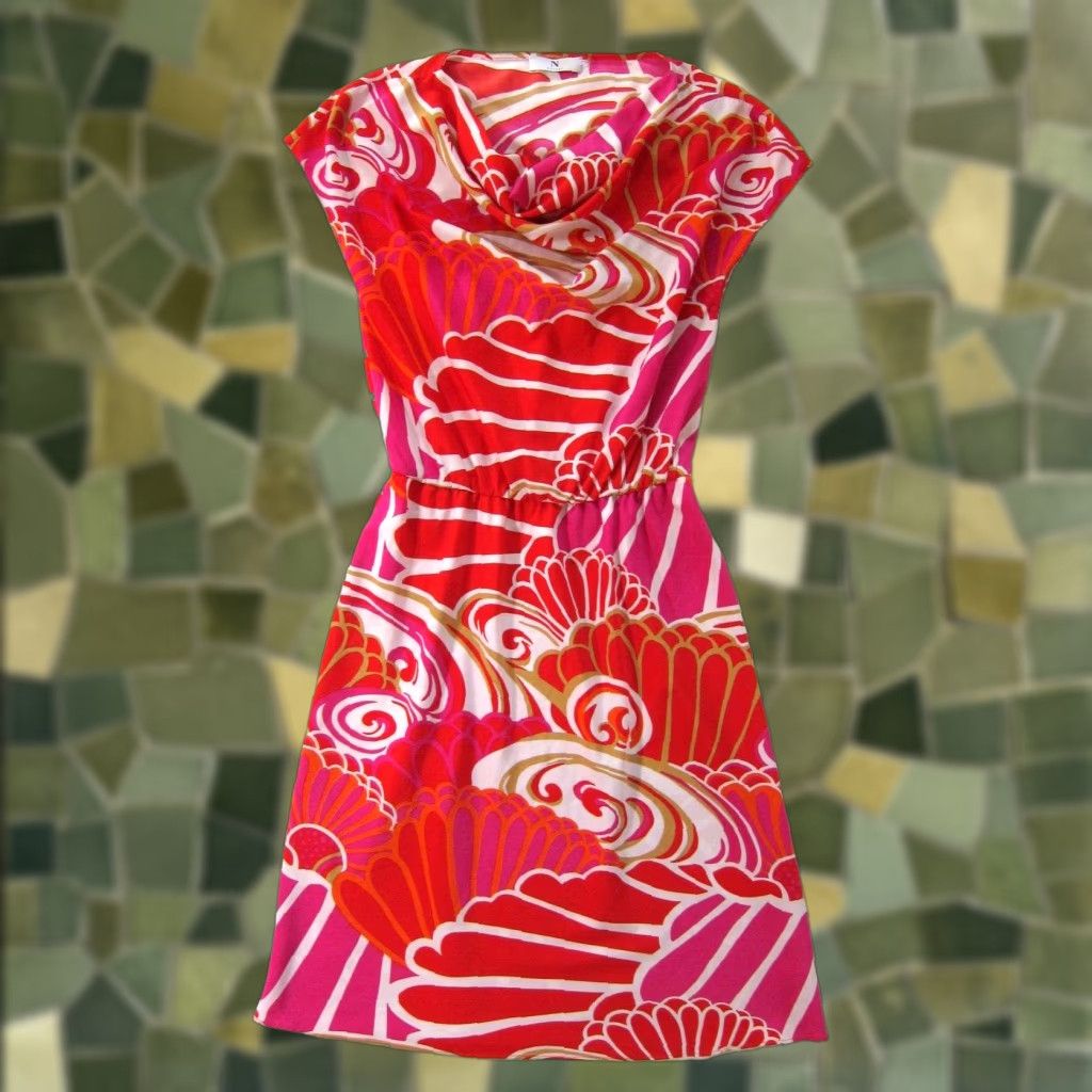 Vintage Natori Pink Orange White Geometric Cap Sleeve Tent A-Line Sheath Tunic Dress S Size S / US 4 / IT 40 - 1 Thumbnail