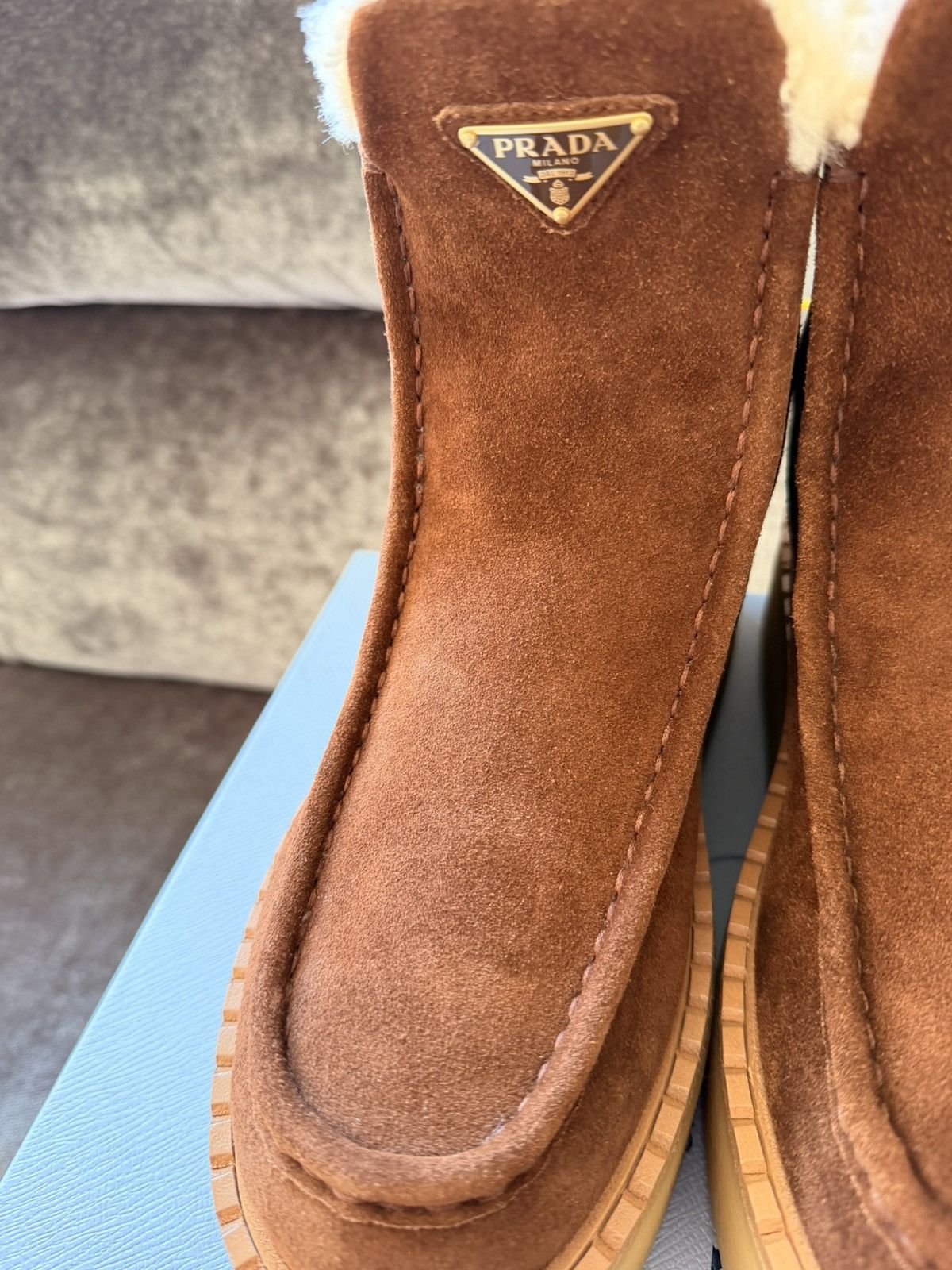 Prada BNWT $1450 Prada Brown Suede Leather Lambskin Fur Boots Size US 8 / IT 38 - 11 Thumbnail