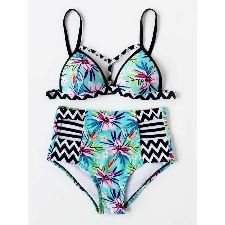 Vintage Floral Zigzag Print Bikini Set | NWOT | Push-Up Bra Size ONE SIZE - 6 Thumbnail