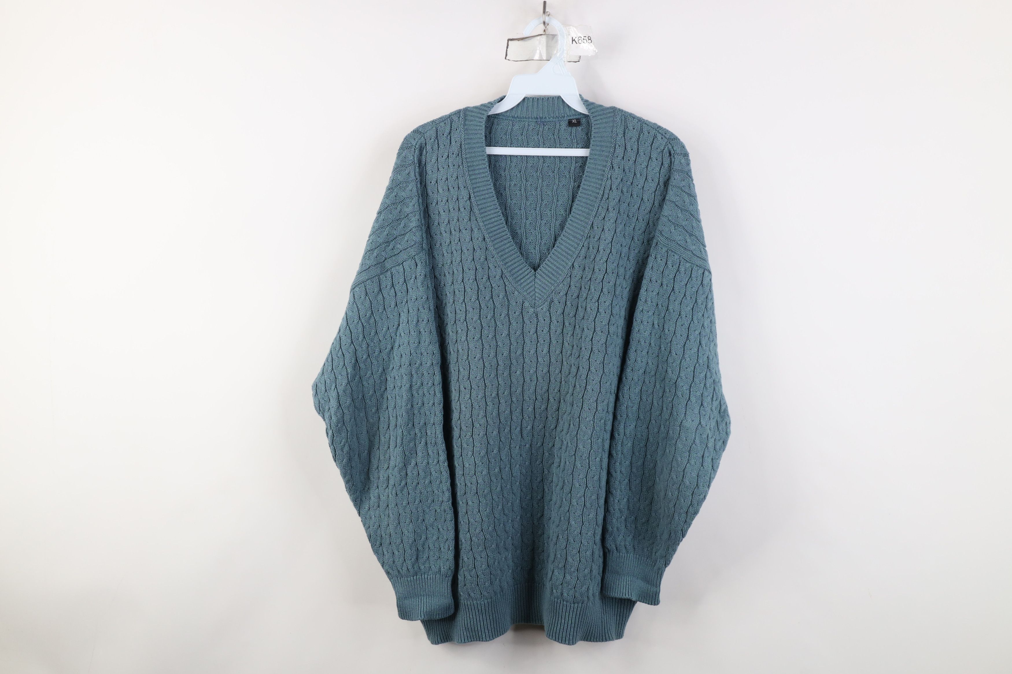 Vintage Vintage 90s Streetwear Cable Knit V-Neck Sweater Blue USA Size US XL / EU 56 / 4 - 1 Thumbnail