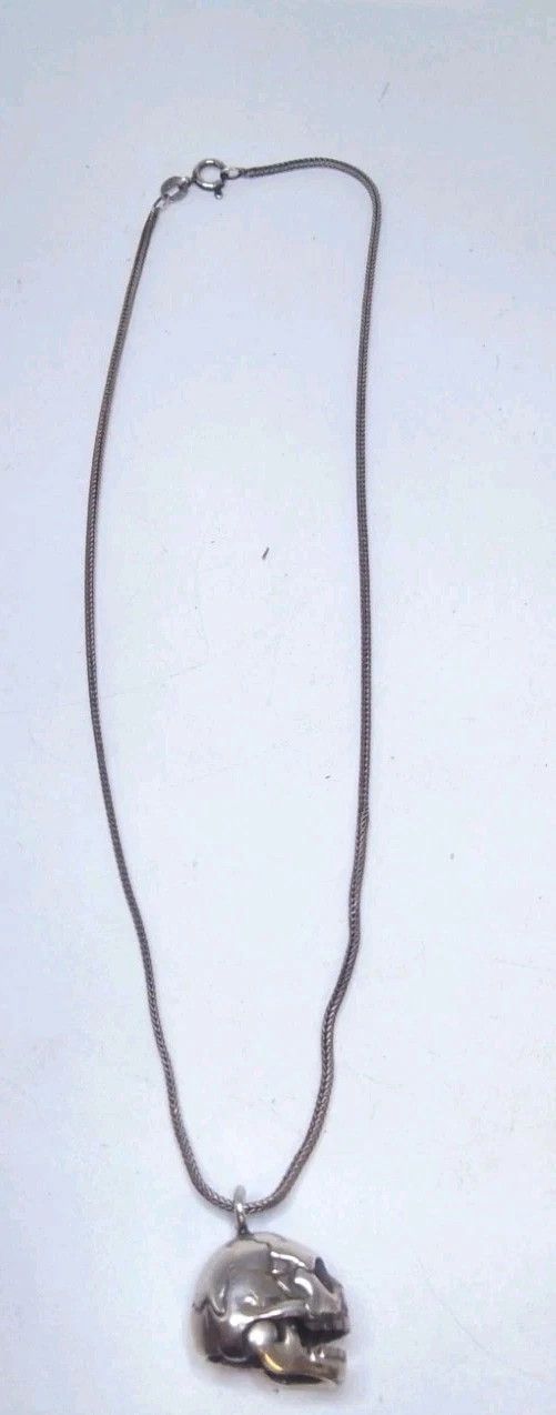 Jewelry Vintage Skull Necklace Sterling Silver 15" Steel Size 26 - 2 Thumbnail