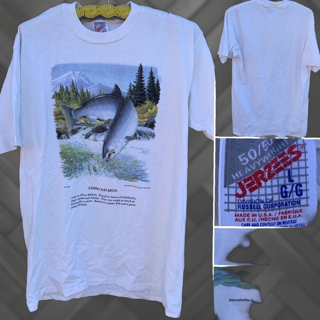 Jerzees VINTAGE Jerzees Coho Salmon T Shirt Men L Graphic Print Crew Neck White 50/50 90s Fish Nature Shirt Size US L / EU 52-54 / 3 - 1 Thumbnail