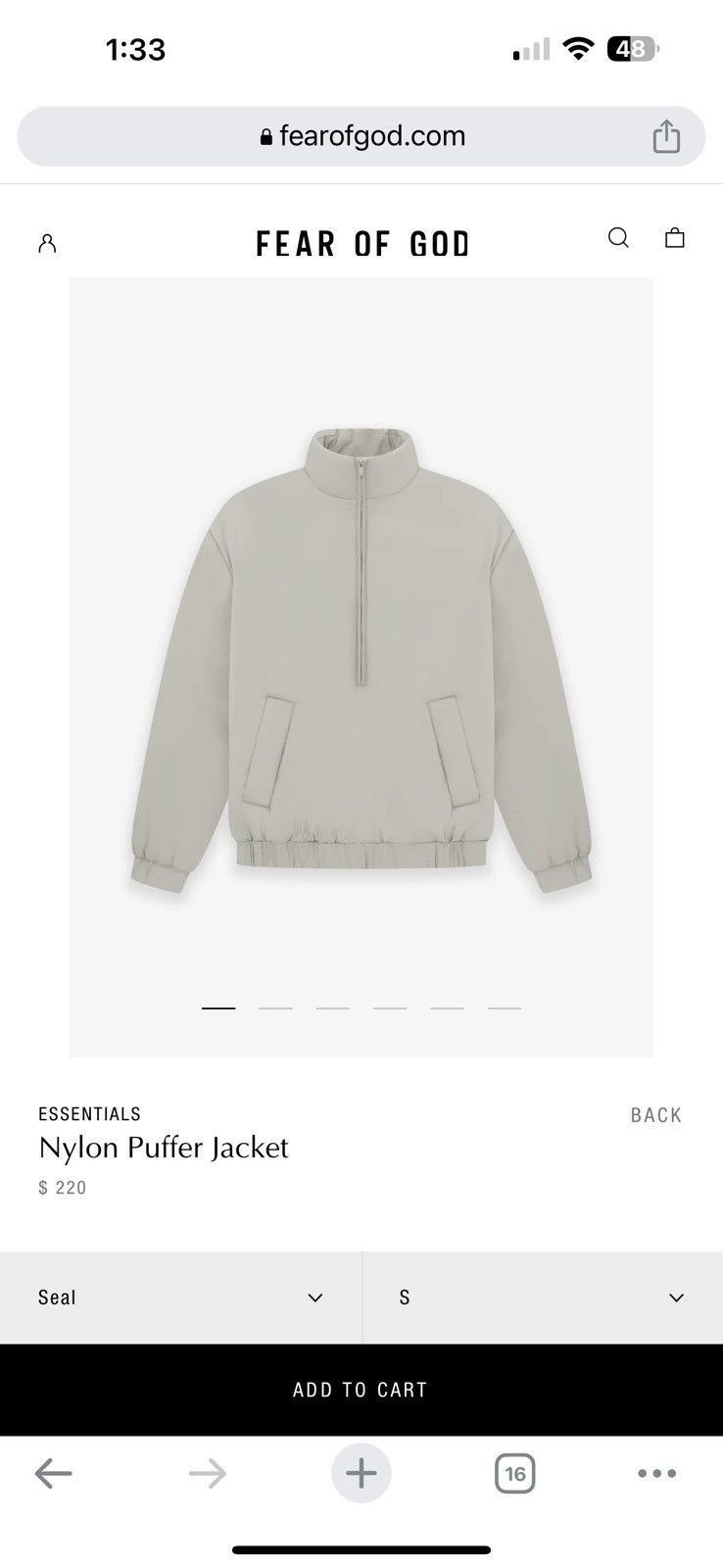 image of Fear Of God Essentials Nylon Puffer Jacket - Seal / S in Light Green, Men's (Size Small)