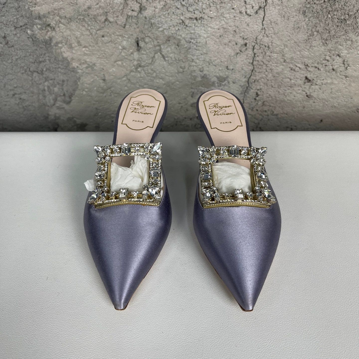 Roger Vivier RV Crystal Floral Buckle Satin Pointed Toe Heel Sandal 36.5 New Size US 6 / IT 36 - 7 Thumbnail